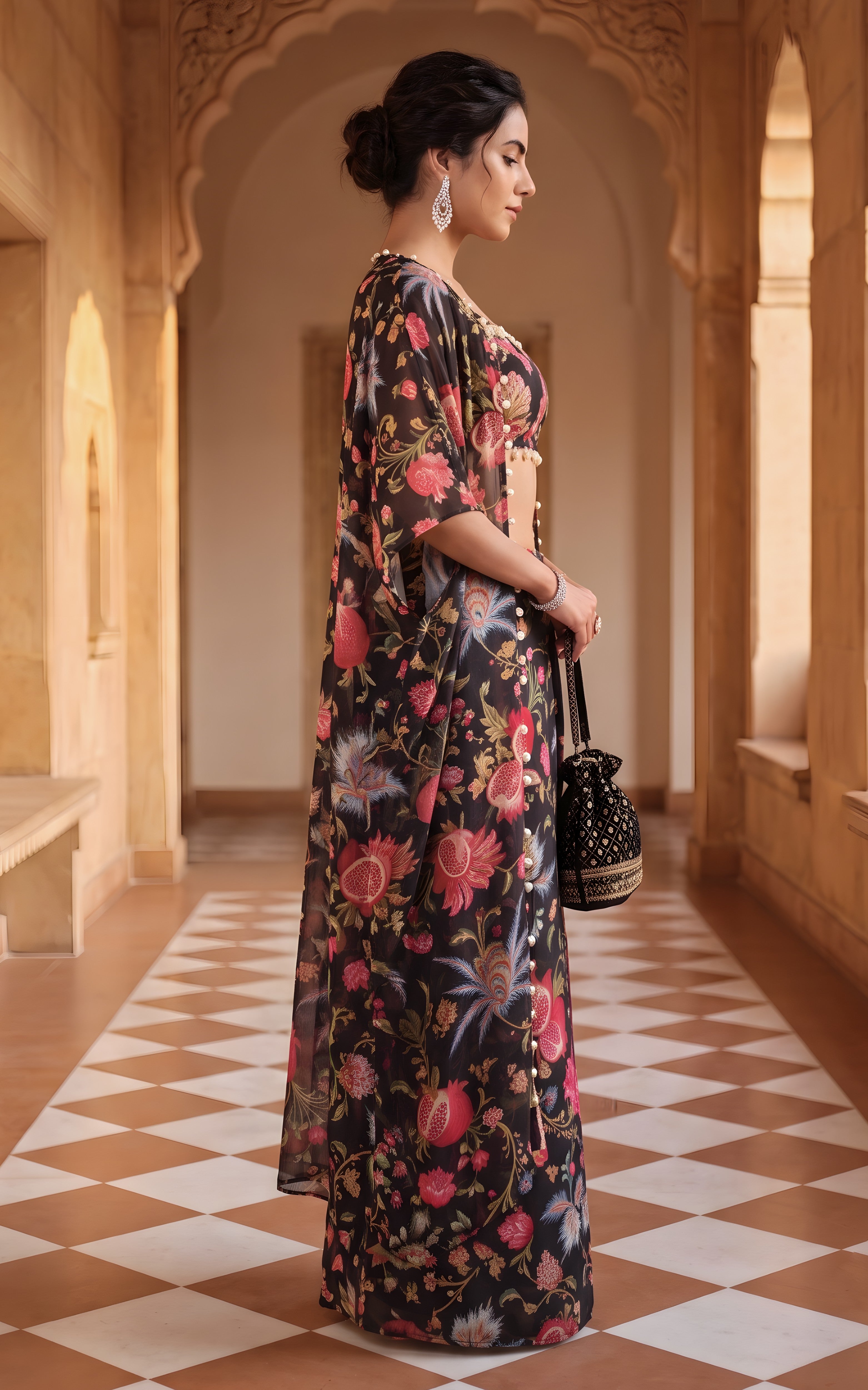 Black Floral Crop-top Draped Skirt Co-ord Set