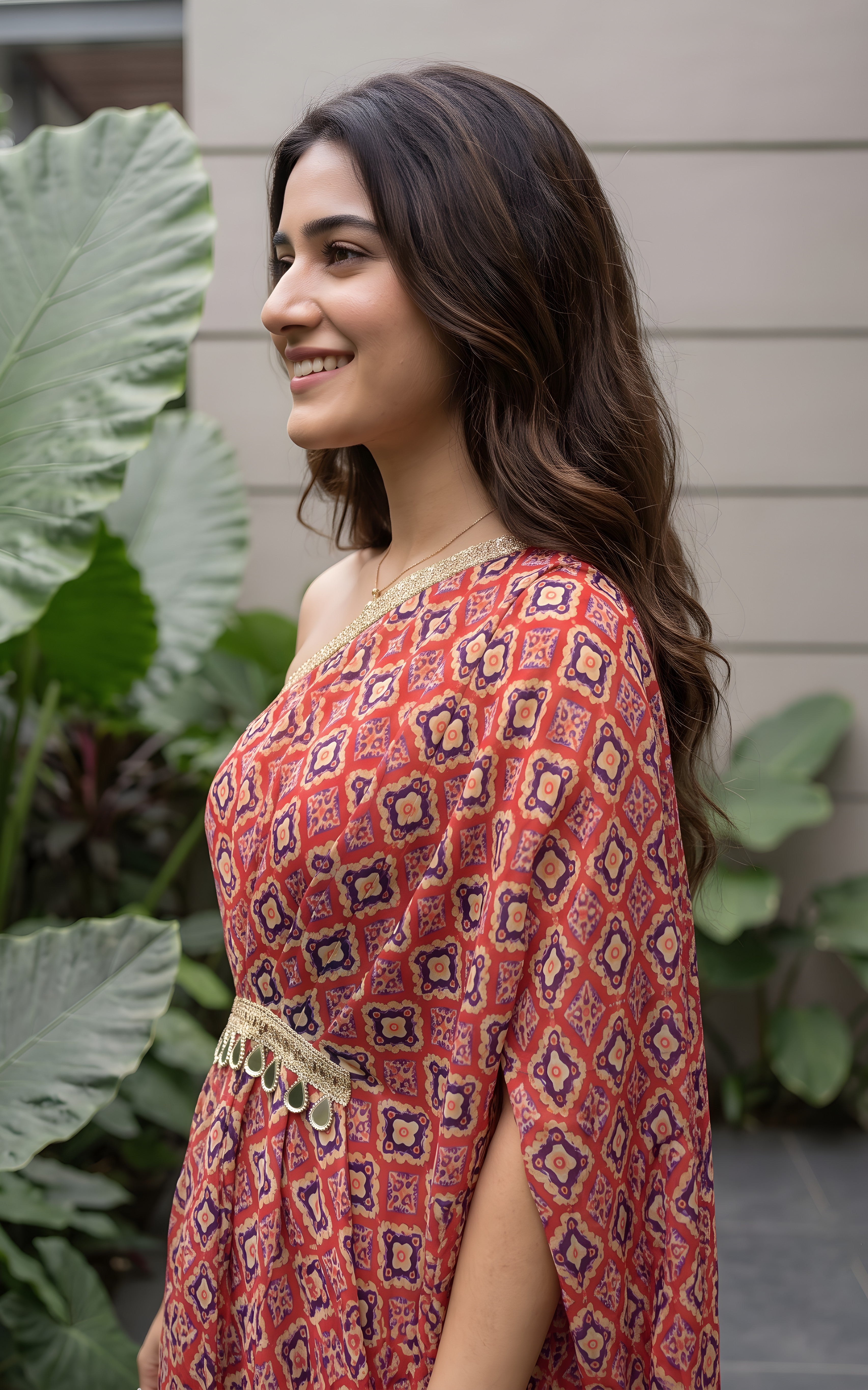 Red Geometric Print Sequinned Draped dress