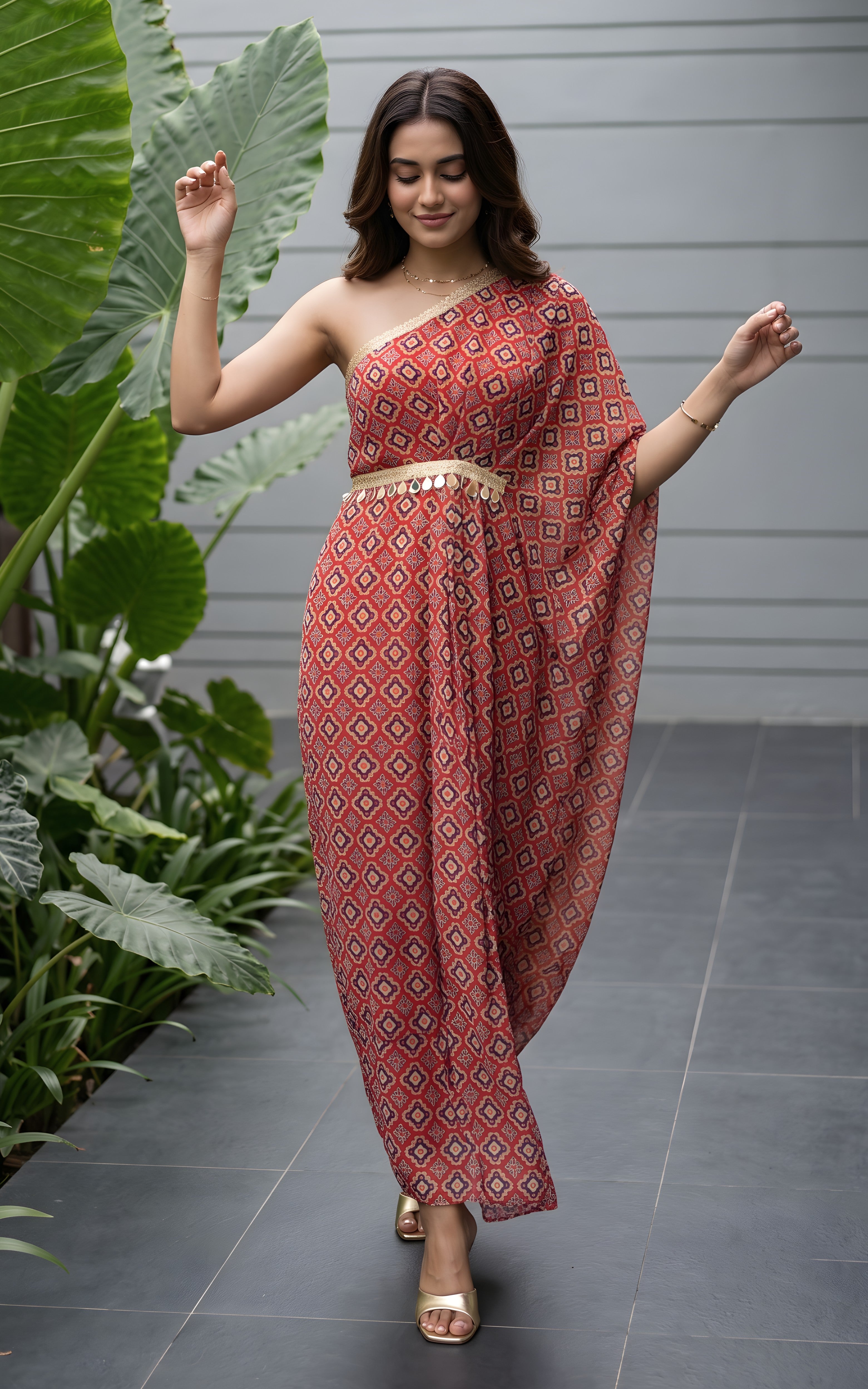 Red Geometric Print Sequinned Draped dress