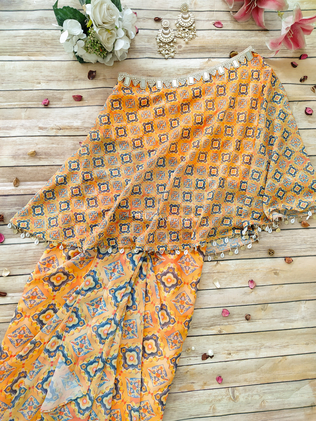 Yellow Geometric Print One-Shoulder Top & Draped Skirt