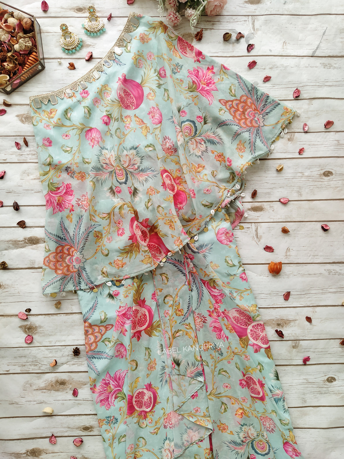 Light Blue Floral Georgette One-shoulder Top & Draped Skirt Co-ord Set