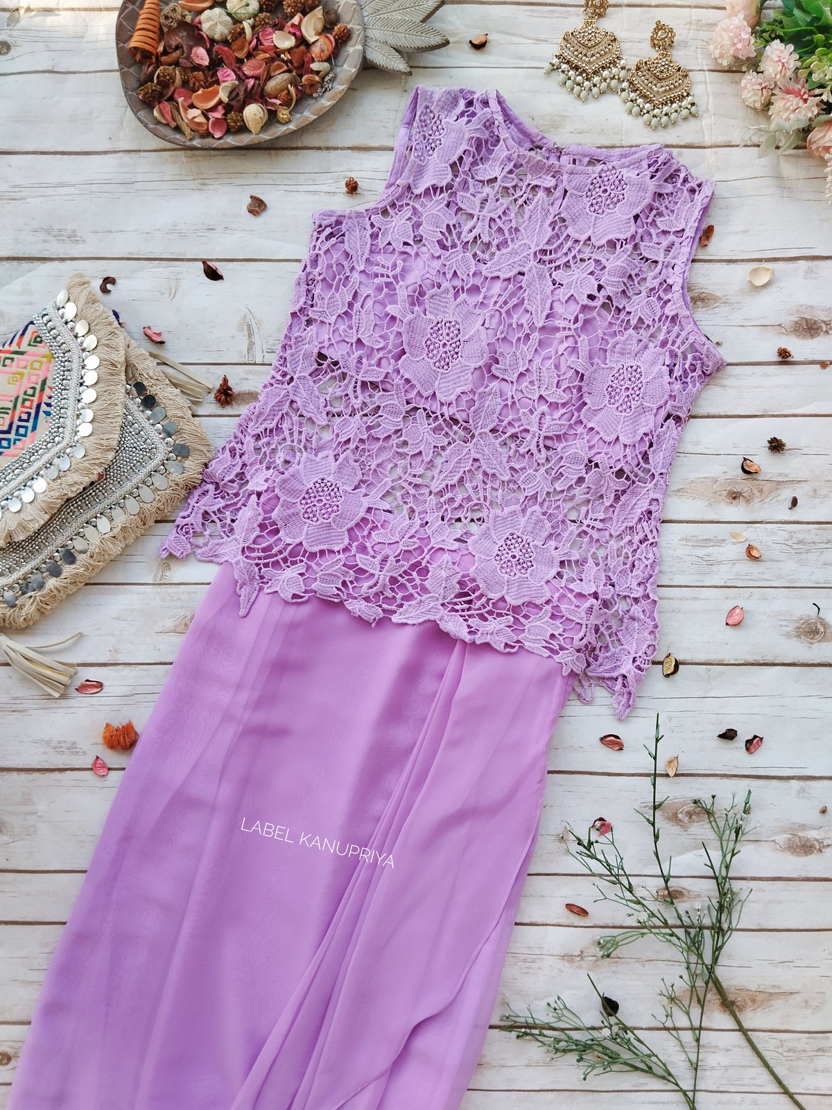 Lilac Cutwork Top & Draped Skirt Co-ord Set