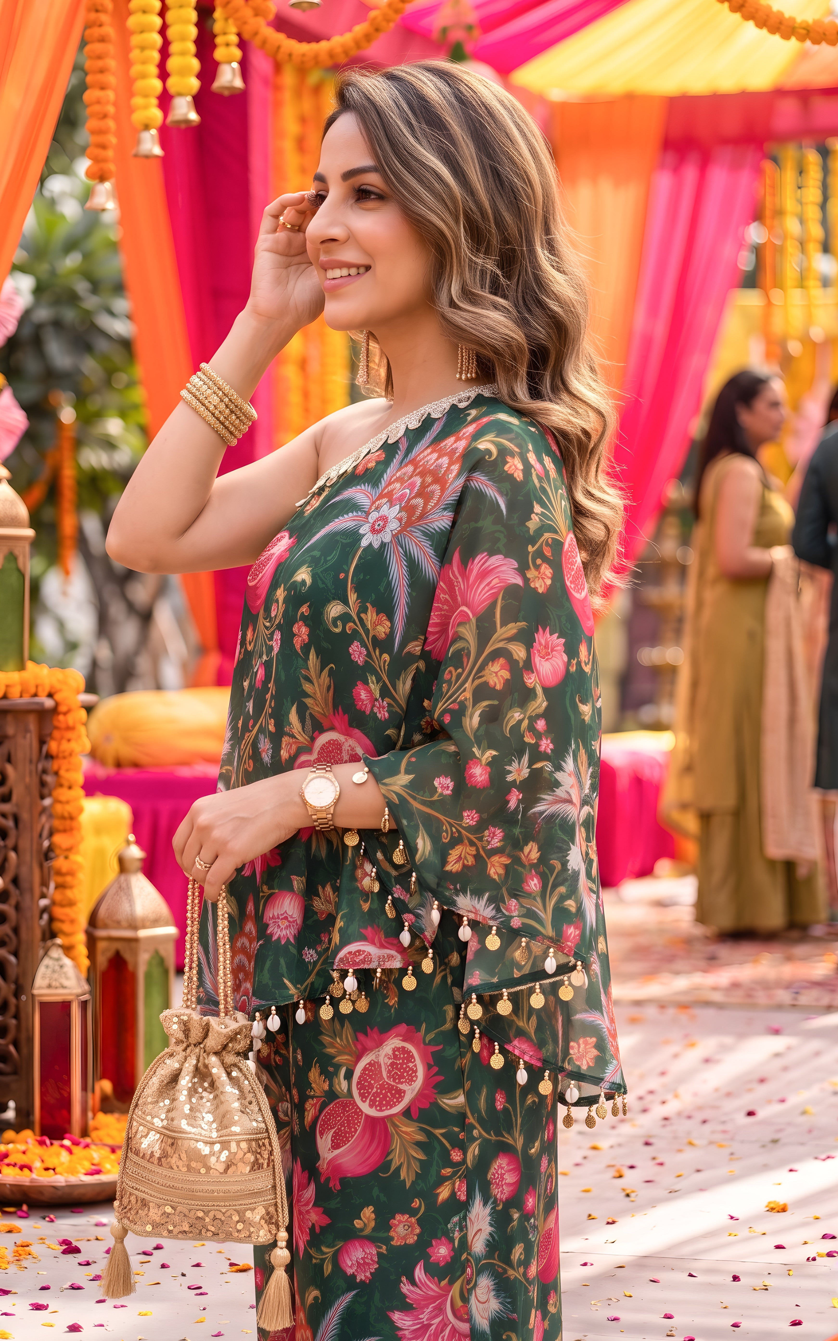 Forest Green Anar print Georgette One-Shoulder Co-Ord Set