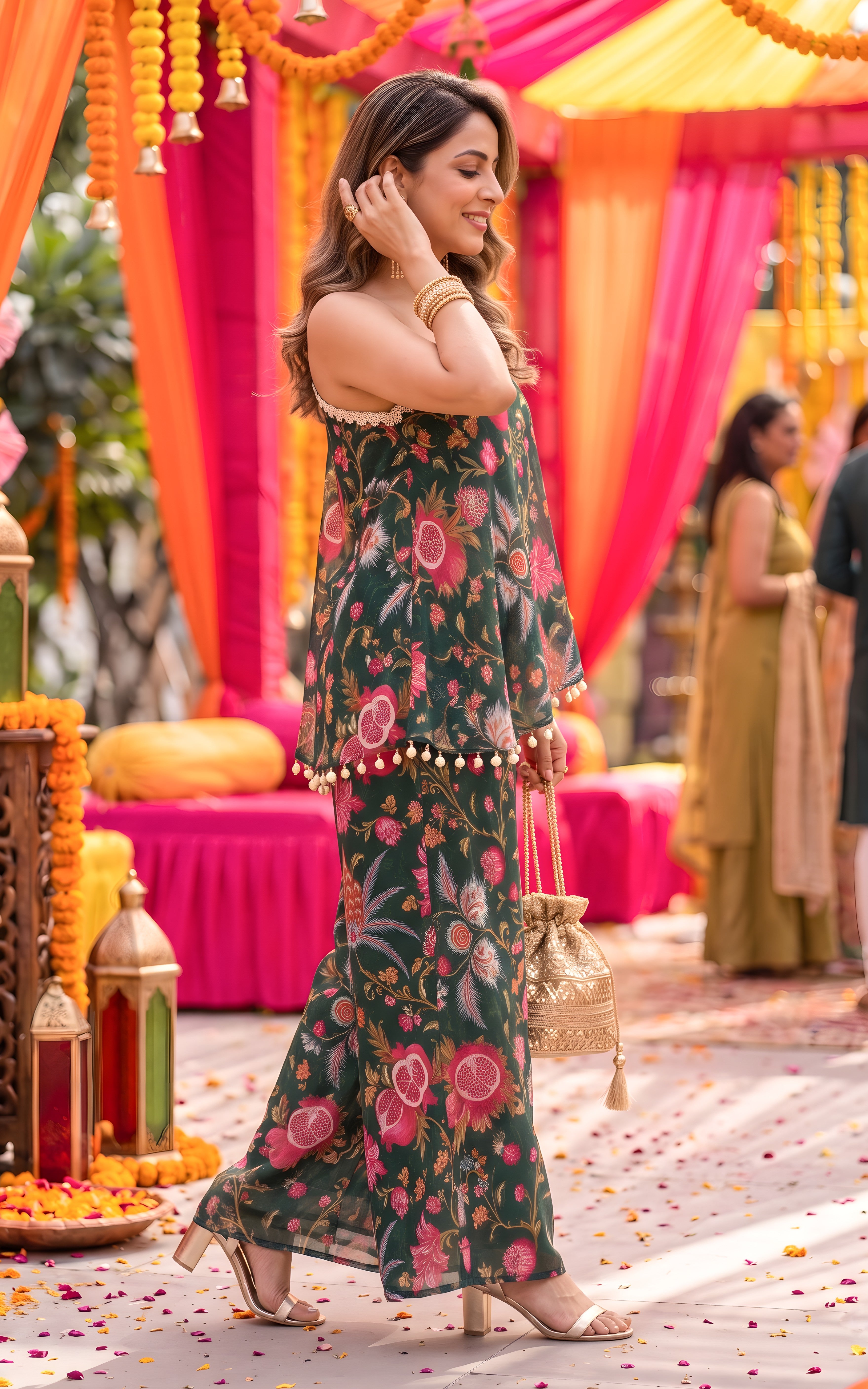 Forest Green Anar print Georgette One-Shoulder Co-Ord Set