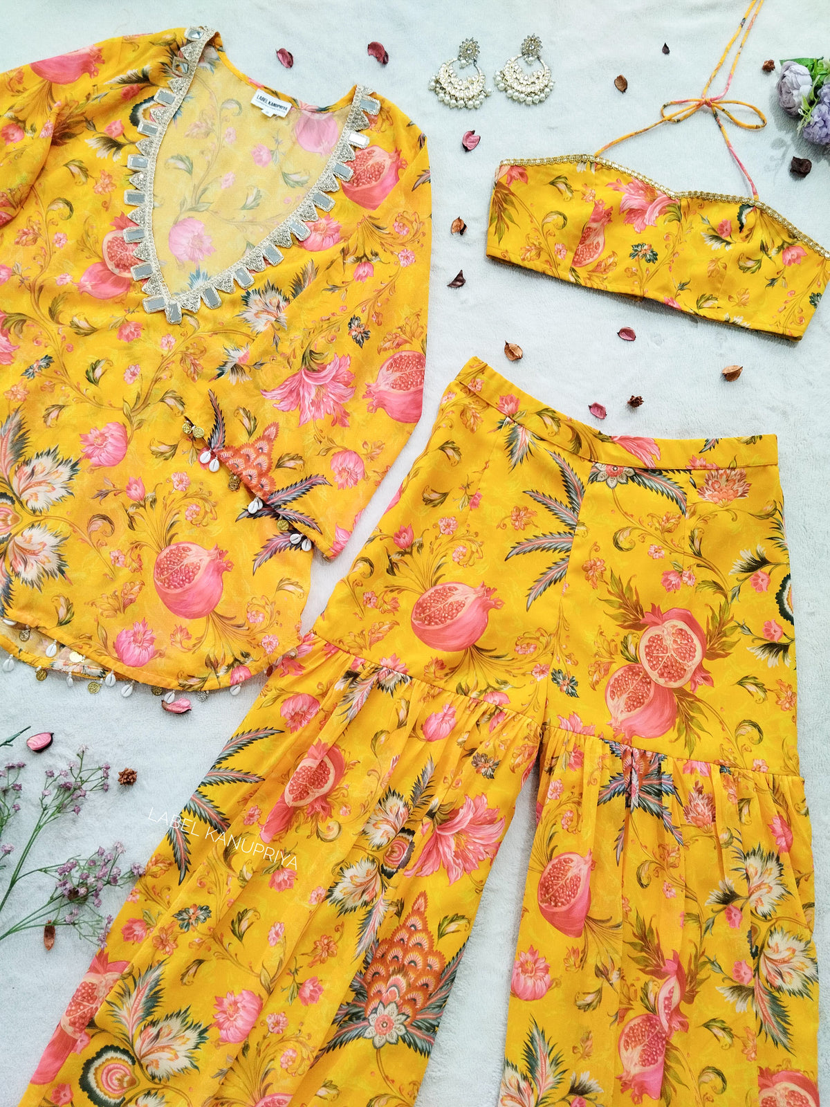 Yellow Anaar Print Kurti Crop-top Sharara Set