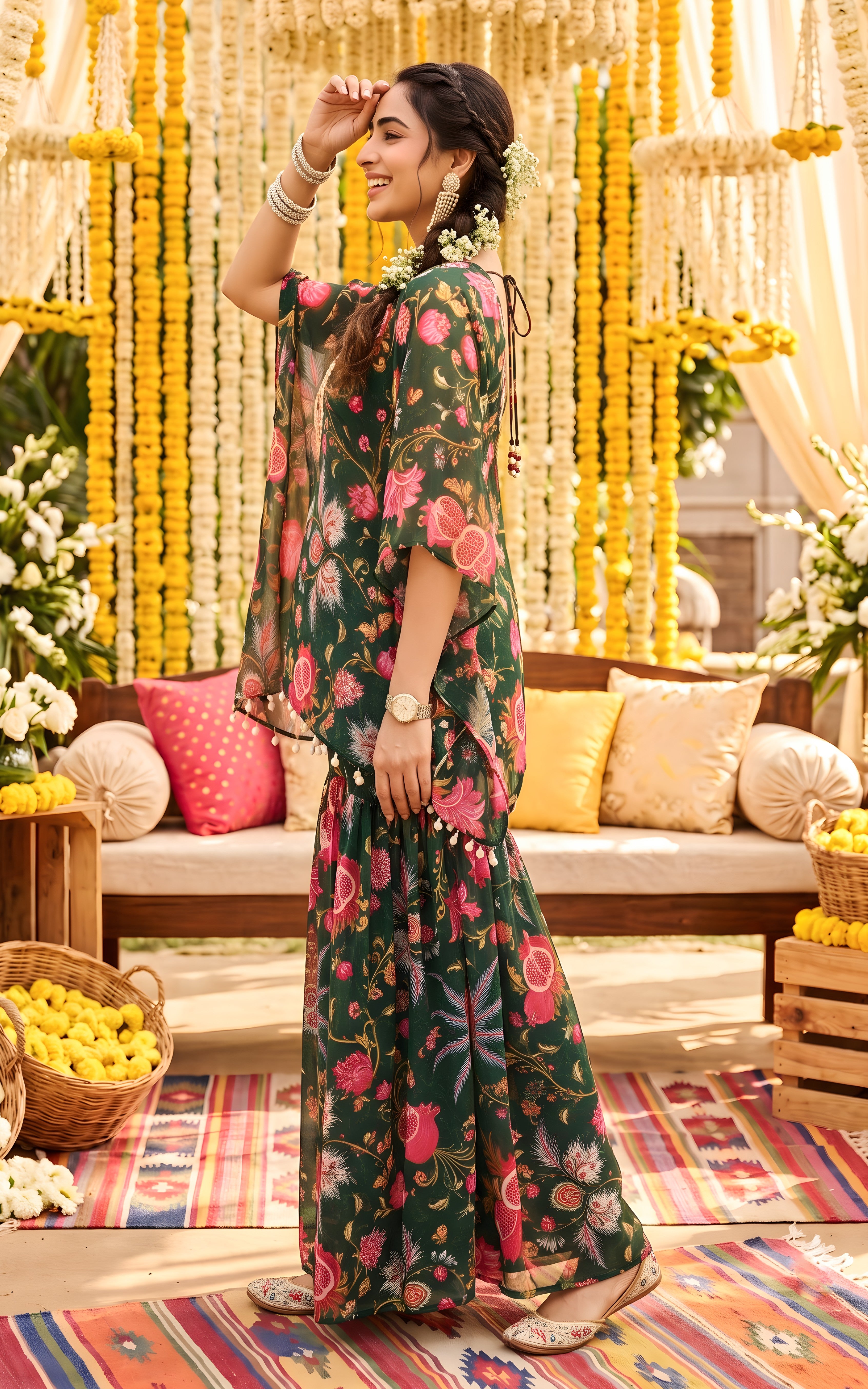 Bottle Green Anaar Print Crop-top Sharara Set