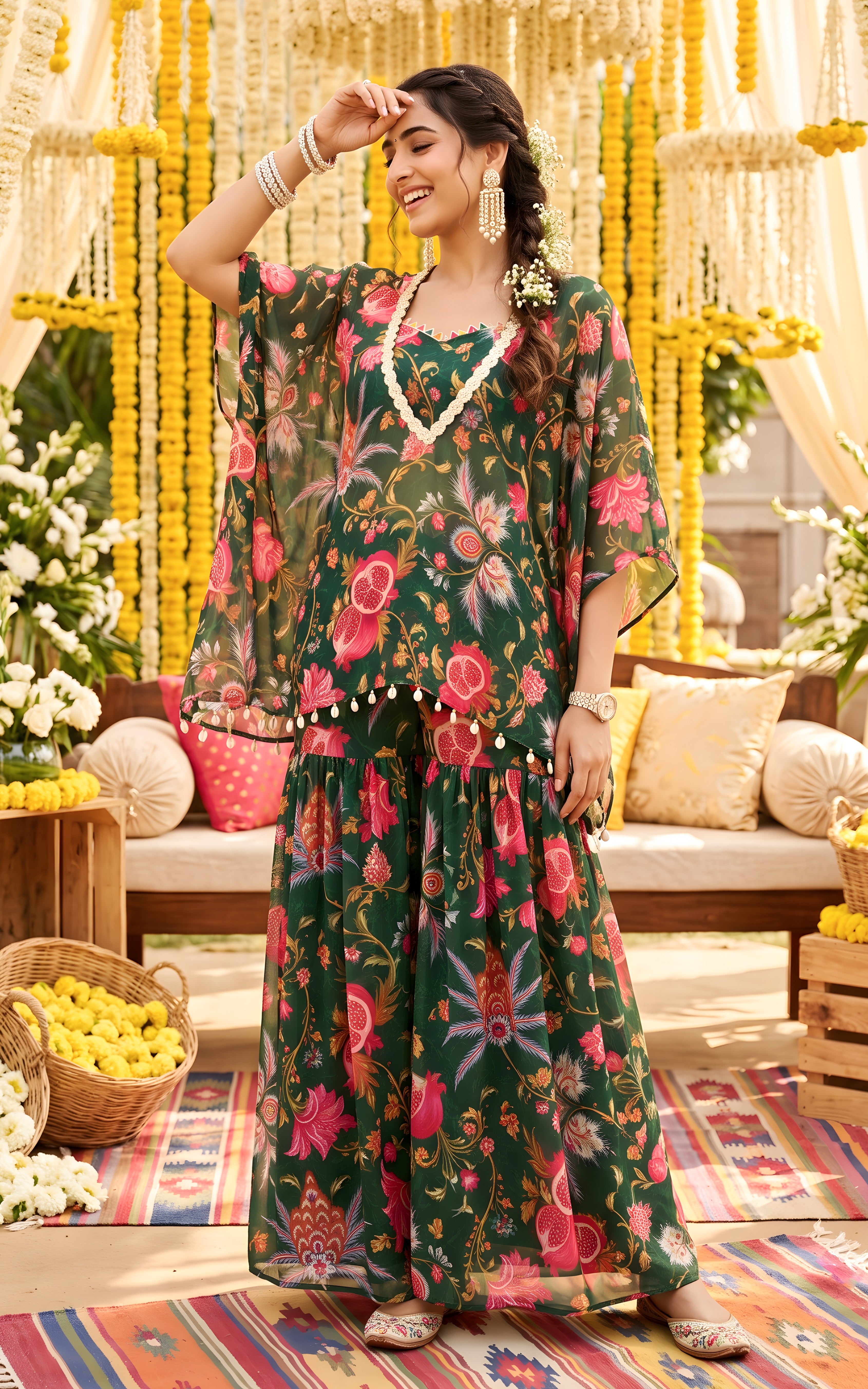Bottle Green Anaar Print Crop-top Sharara Set