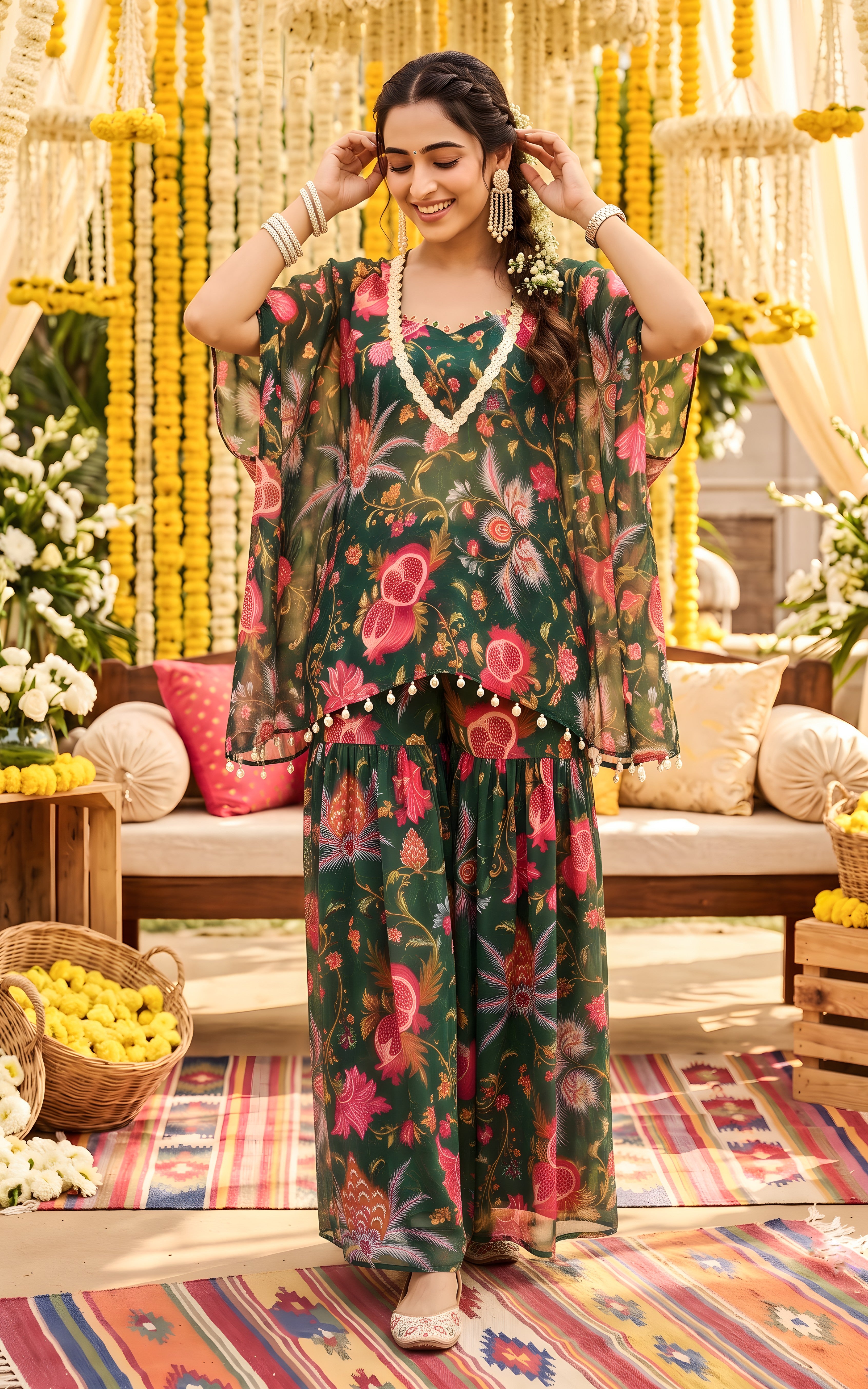 Bottle Green Anaar Print Crop-top Sharara Set