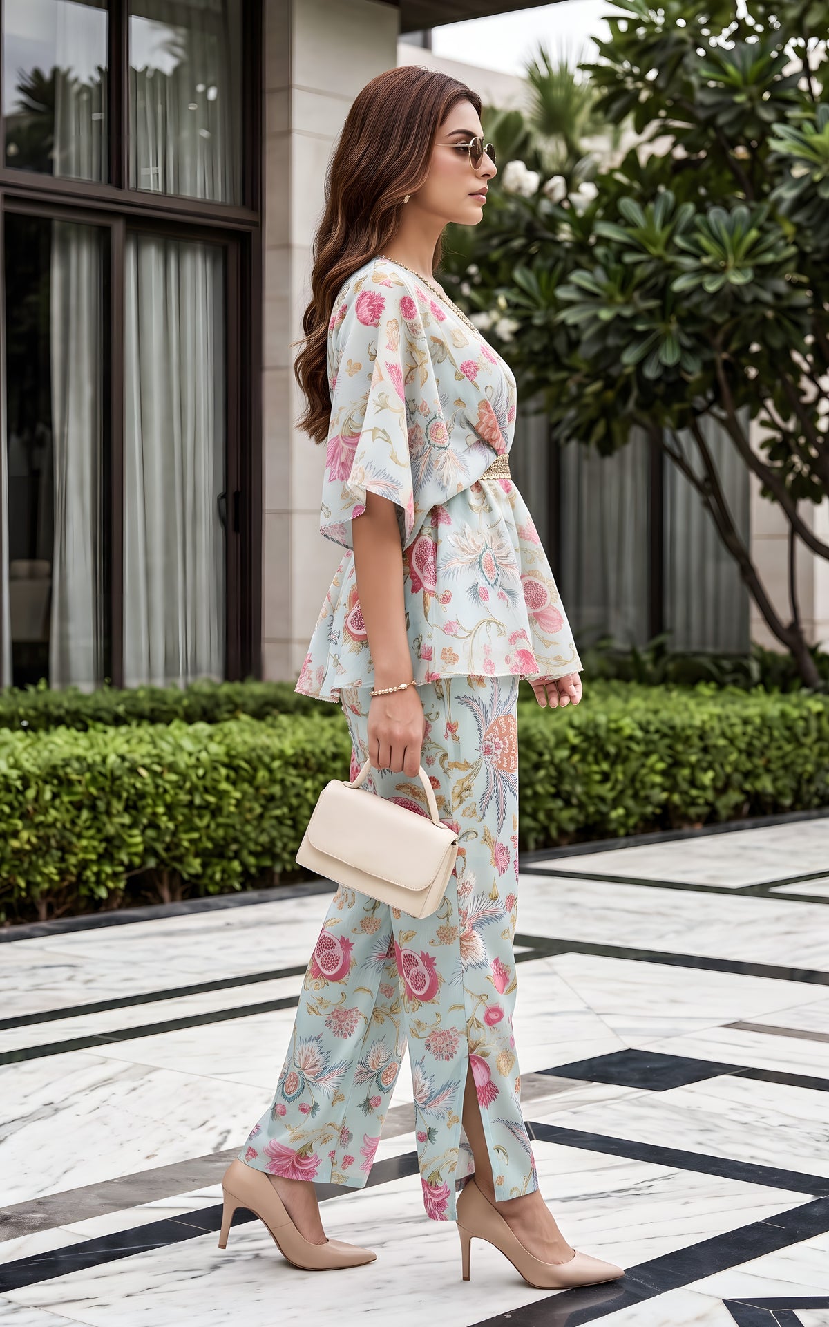 Sky Blue Anaar Print Kaftan Top & Pants Co-ord Set