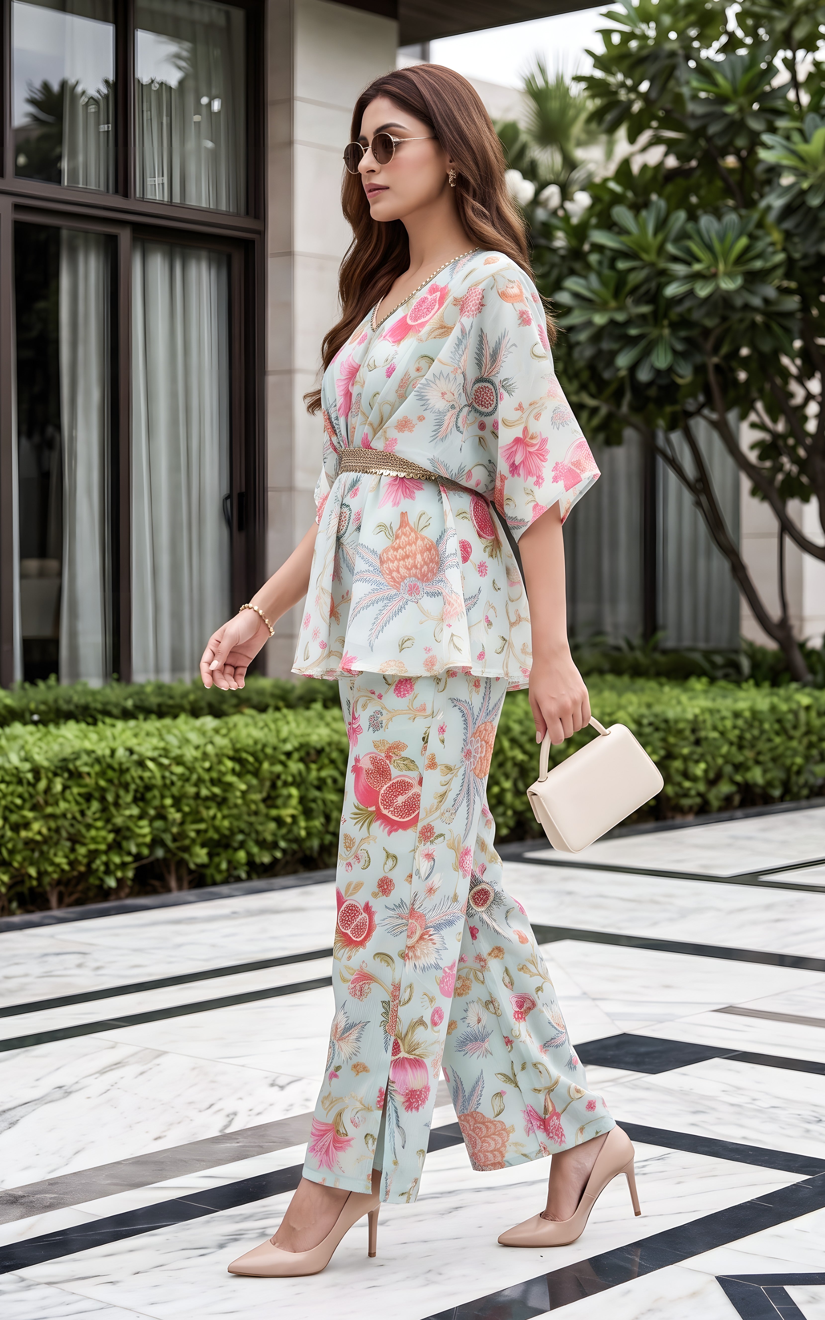 Sky Blue Anaar Print Kaftan Top & Pants Co-ord Set