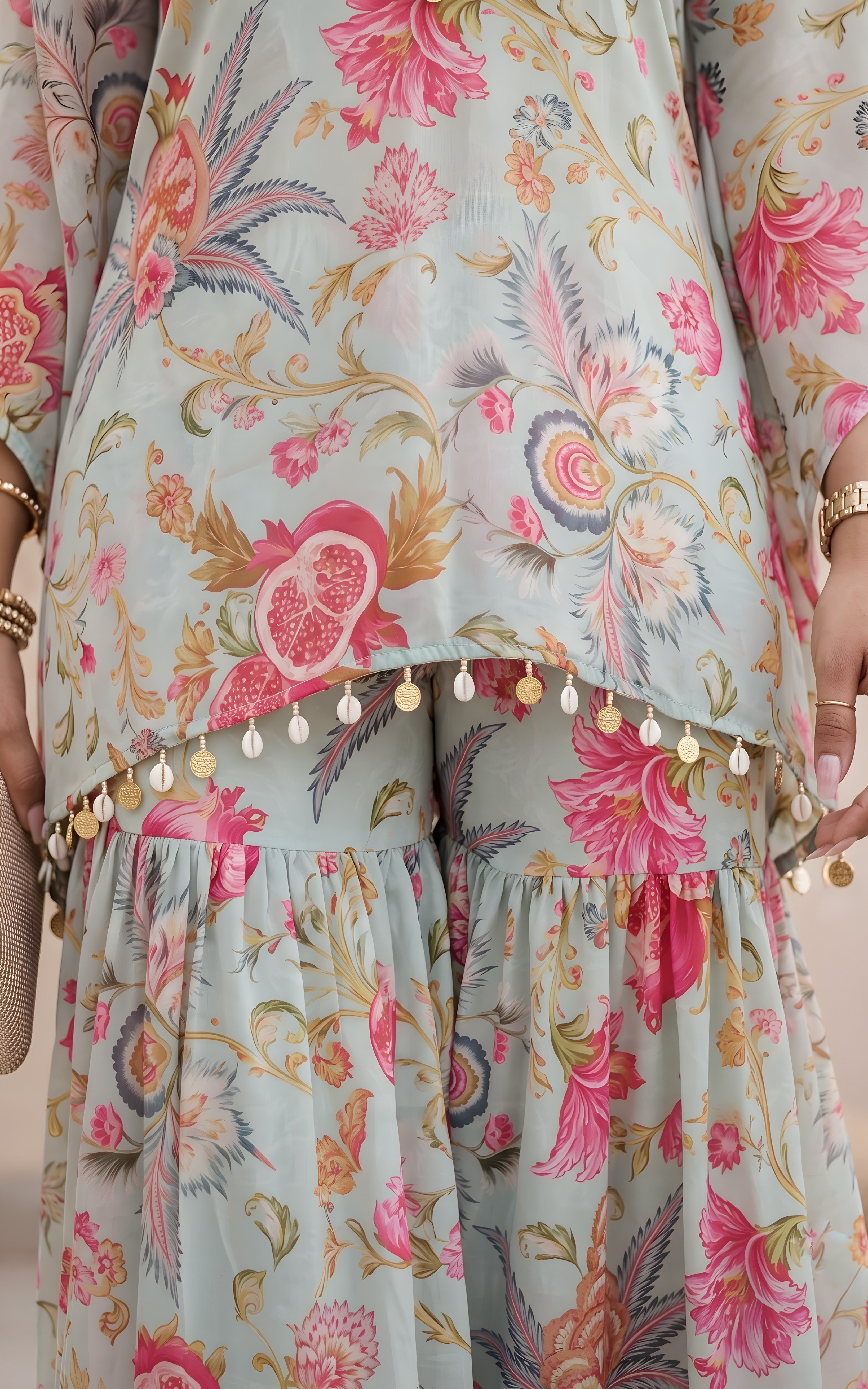 Sky Blue Anaar Print Crop-top Sharara Set