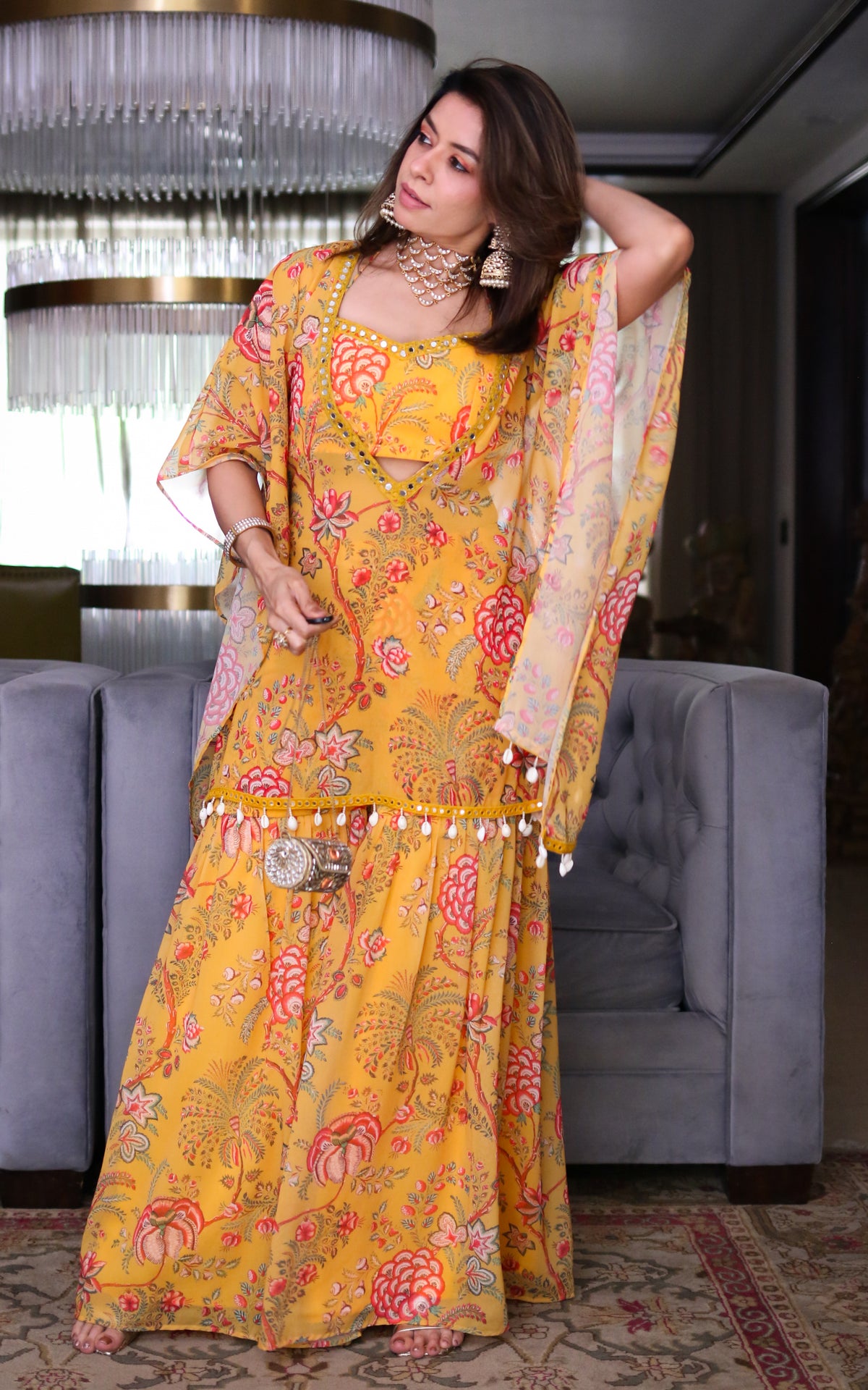 Mustard Floral Printed Crop Top Sharara Kaftan Set