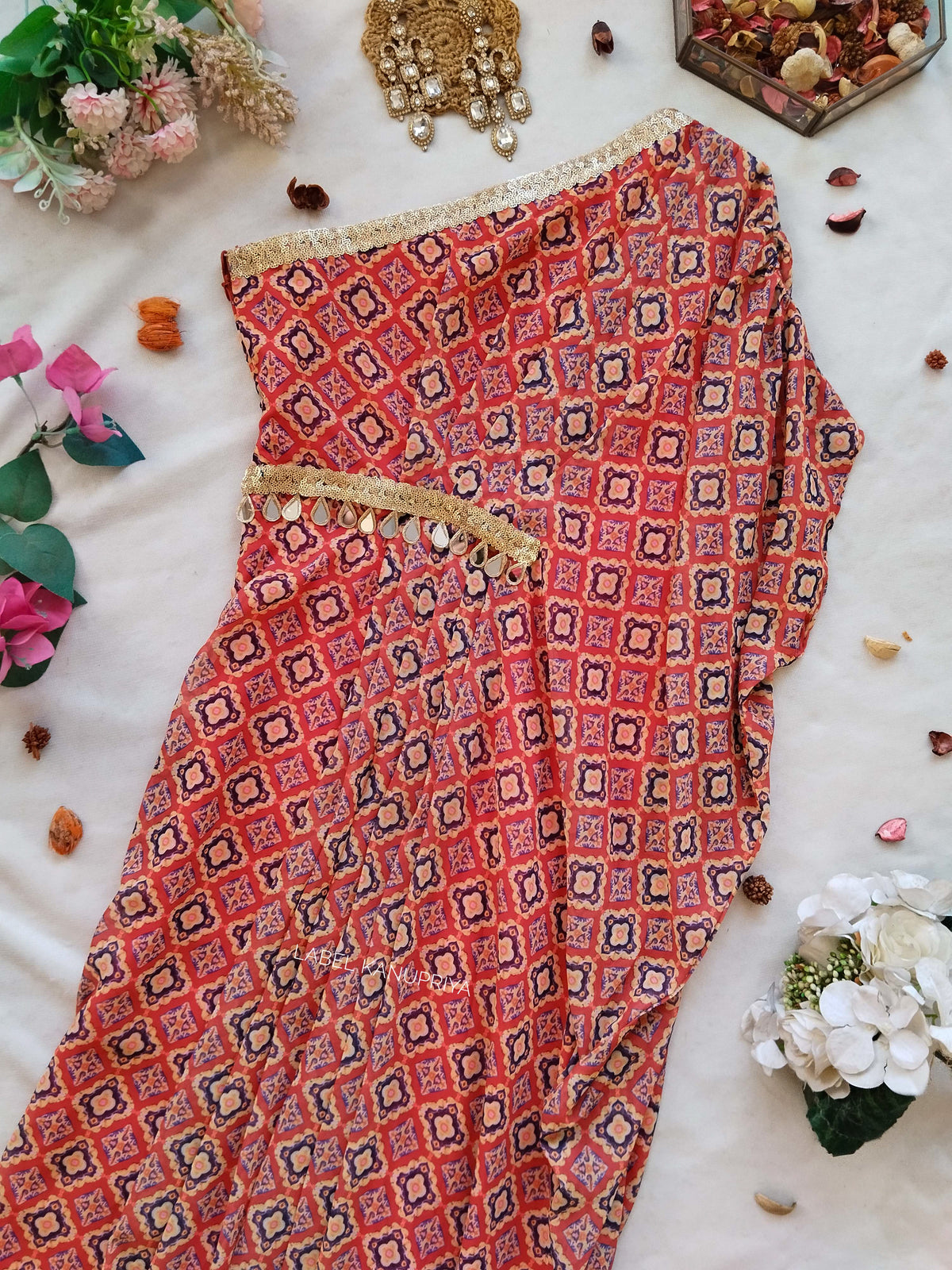 Red Geometric Print Sequinned Draped Dress