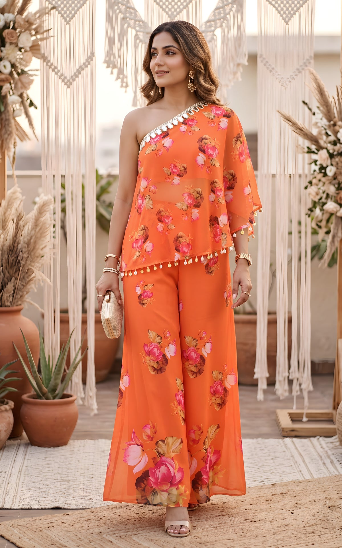 Orange Lotus One-Shoulder Co-ord Set