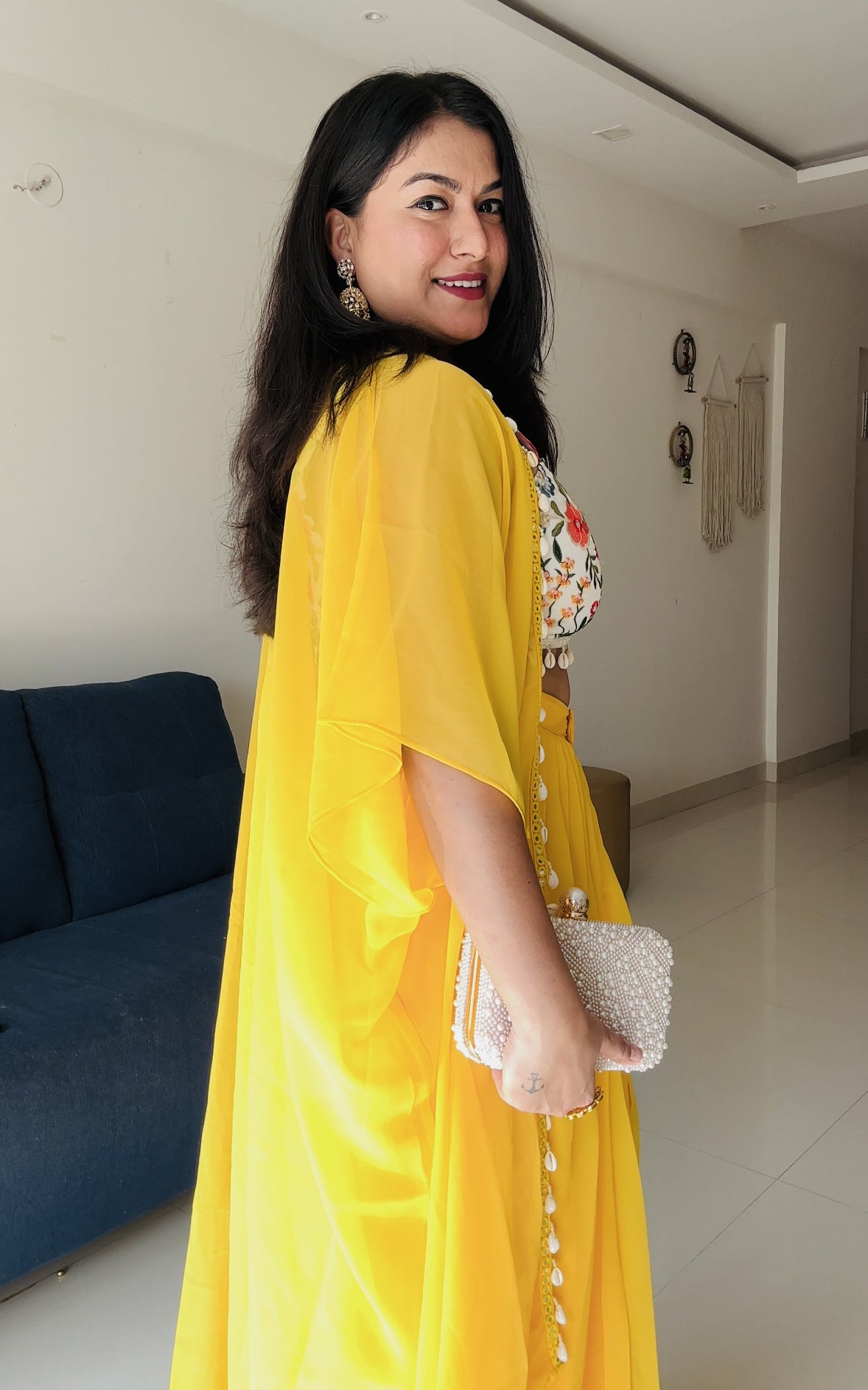 Yellow Embroidered Crop-Top & Draped Skirt Co-ord Set