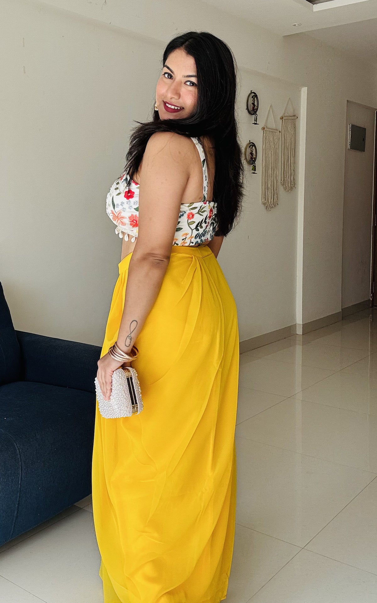Yellow Embroidered Crop-Top & Draped Skirt Co-ord Set