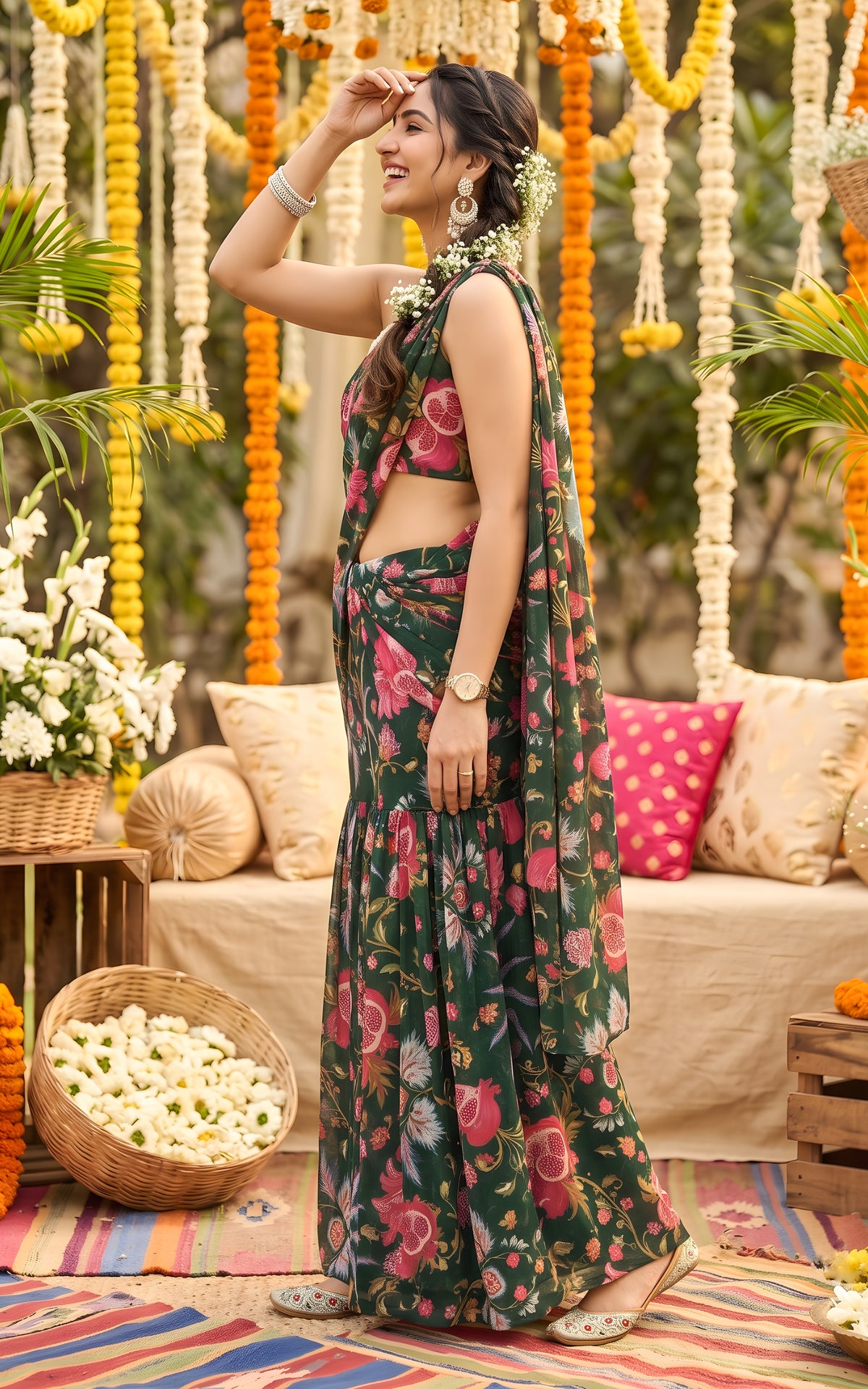 Bottle Green Anaar Print One-shoulder Pre-draped Sharara Saree