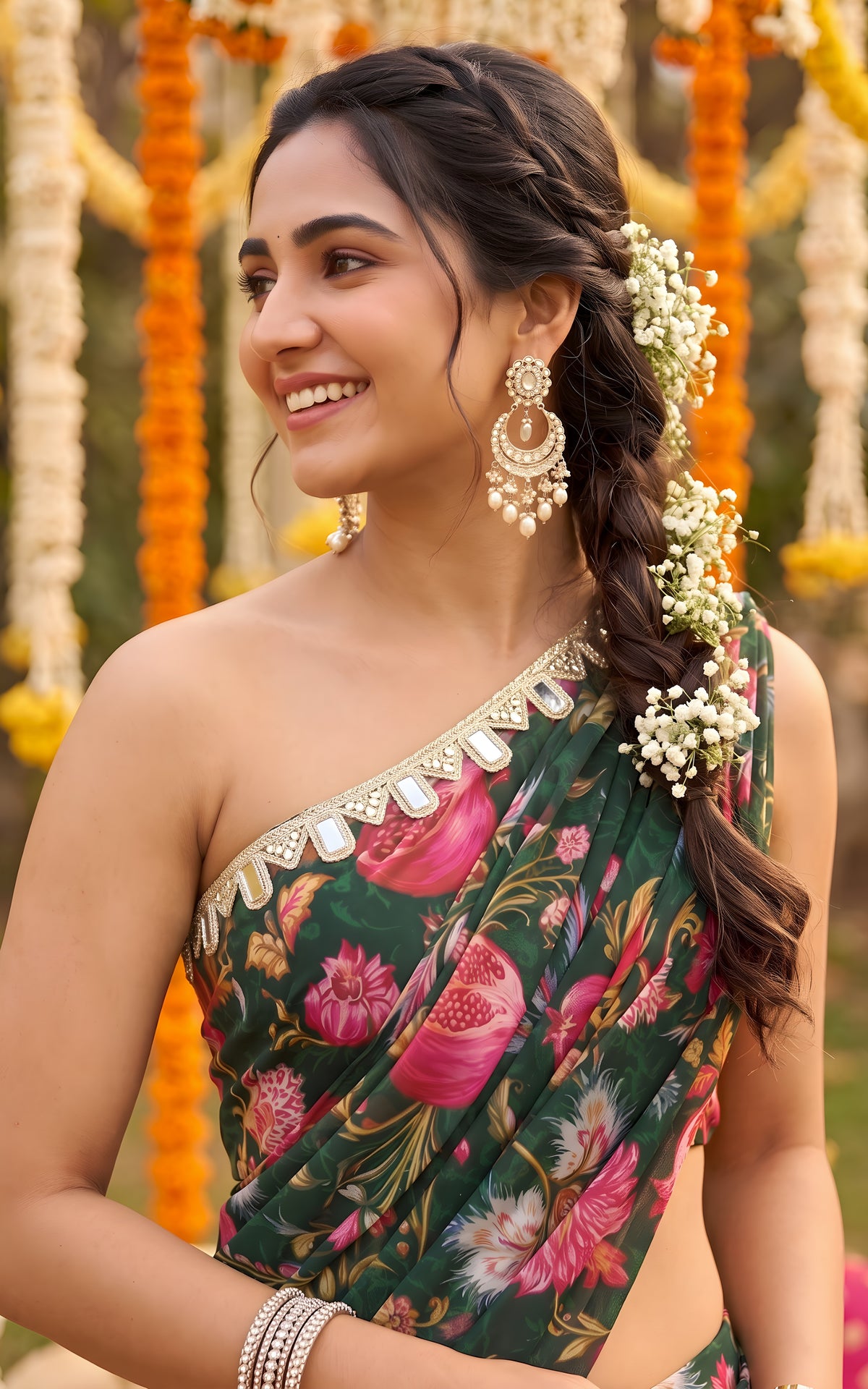 Bottle Green Anaar Print One-shoulder Pre-draped Sharara Saree