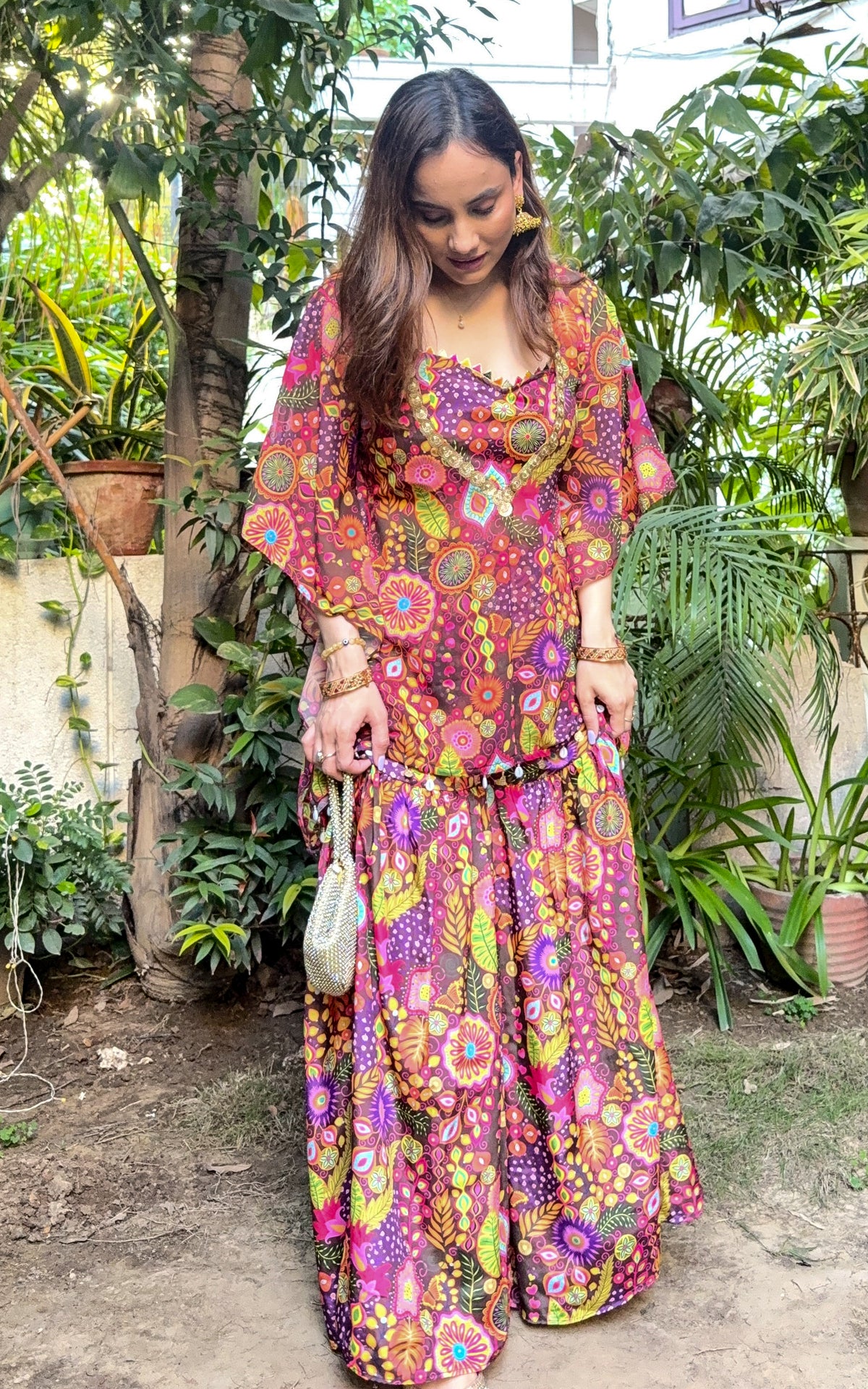 Purple Kitschy Print Crop Top and Sharara Set