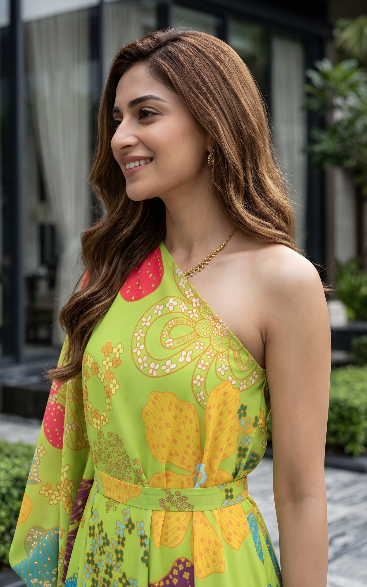 Green Floral Georgette One-Shoulder Draped Dress