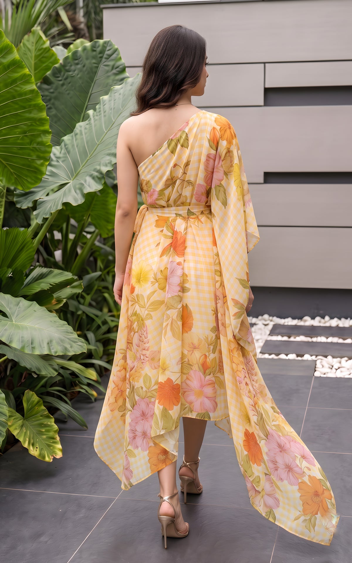 Yellow Gingham Floral One-shoulder Draped Dress