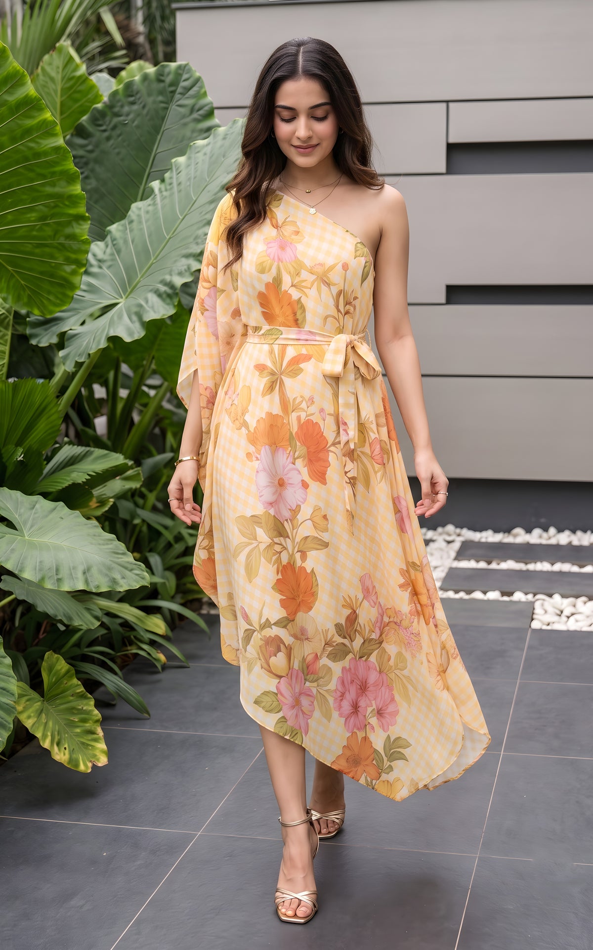 Yellow Gingham Floral One-shoulder Draped Dress