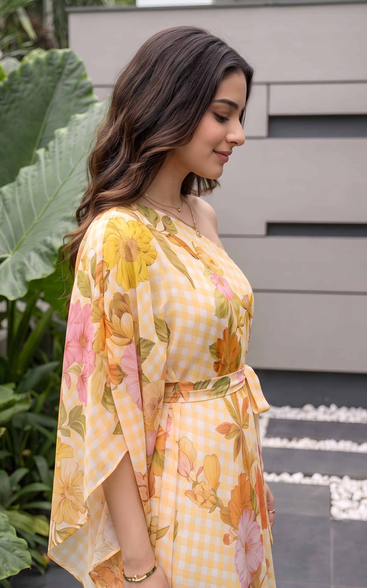 Yellow Gingham Floral One-shoulder Draped Dress