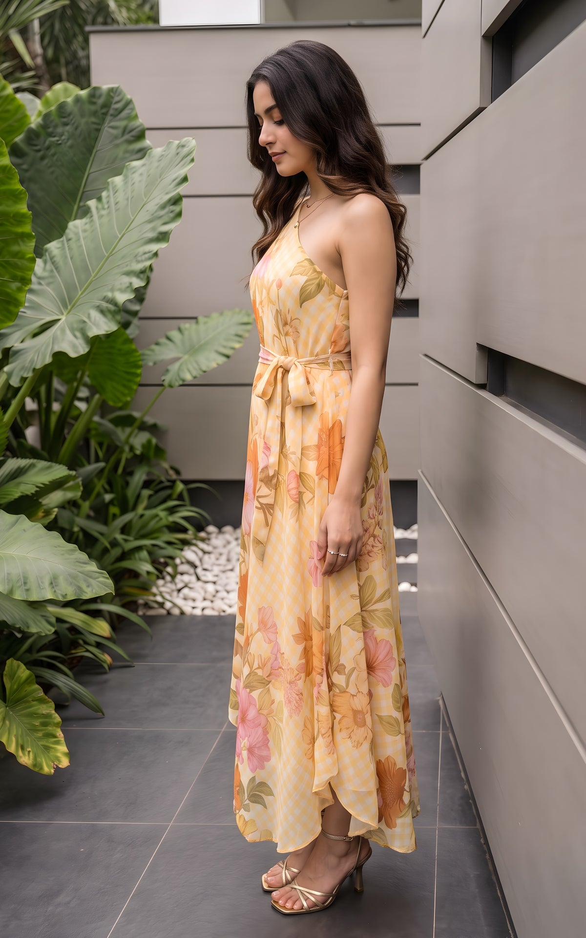 Yellow Gingham Floral One-shoulder Draped Dress