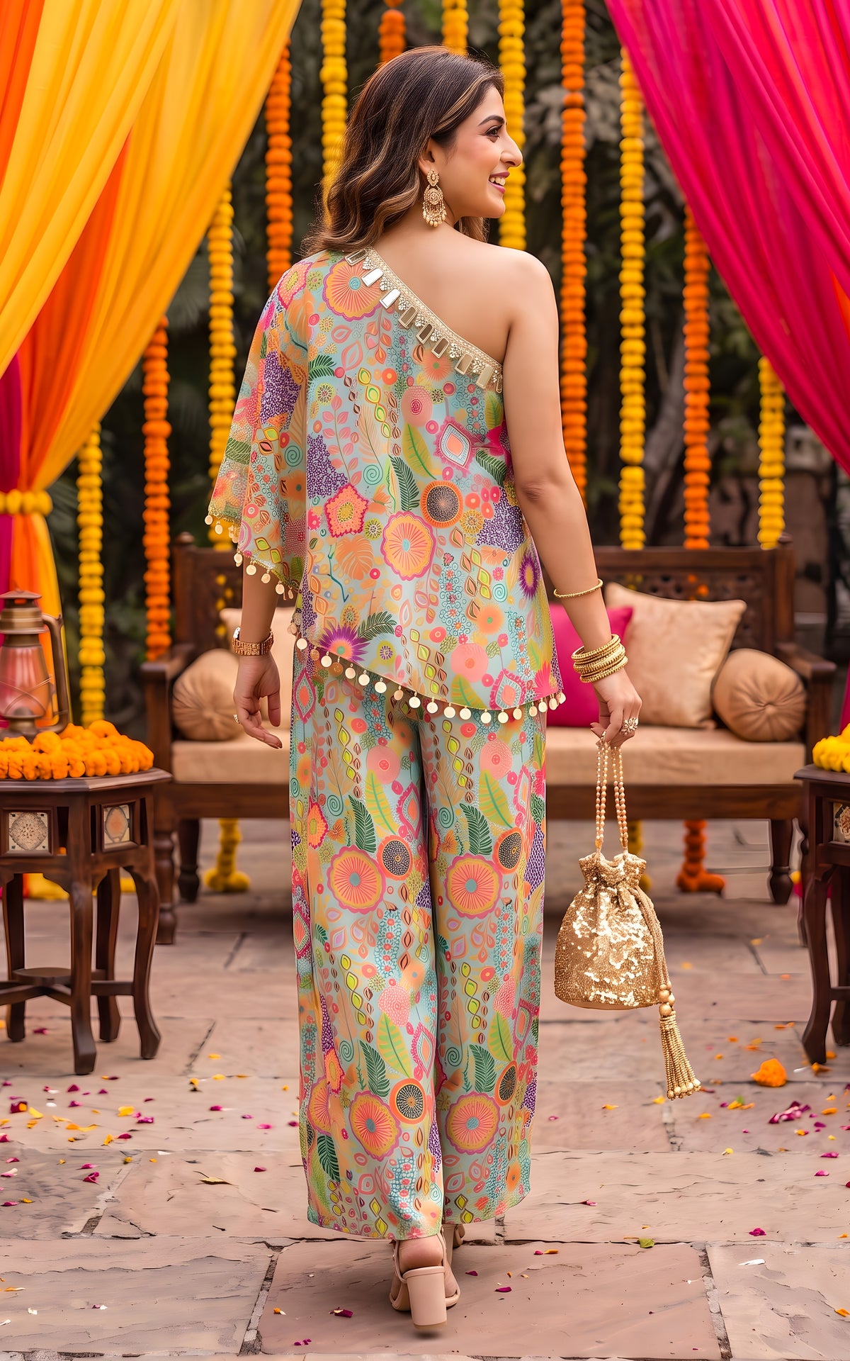 Sea Green Kitschy Printed One-shoulder Co-Ord Set