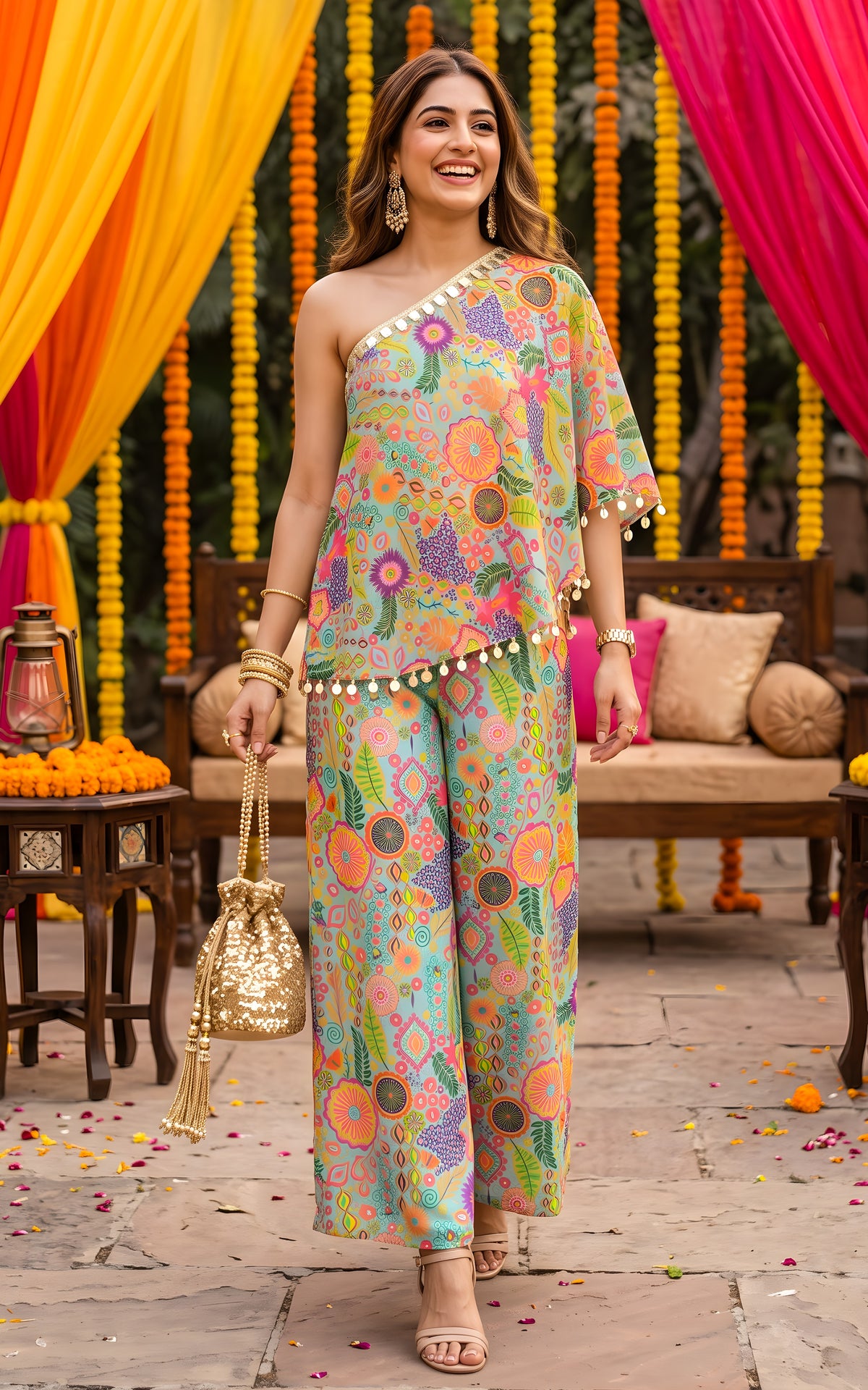 Sea Green Kitschy Printed One-shoulder Co-Ord Set