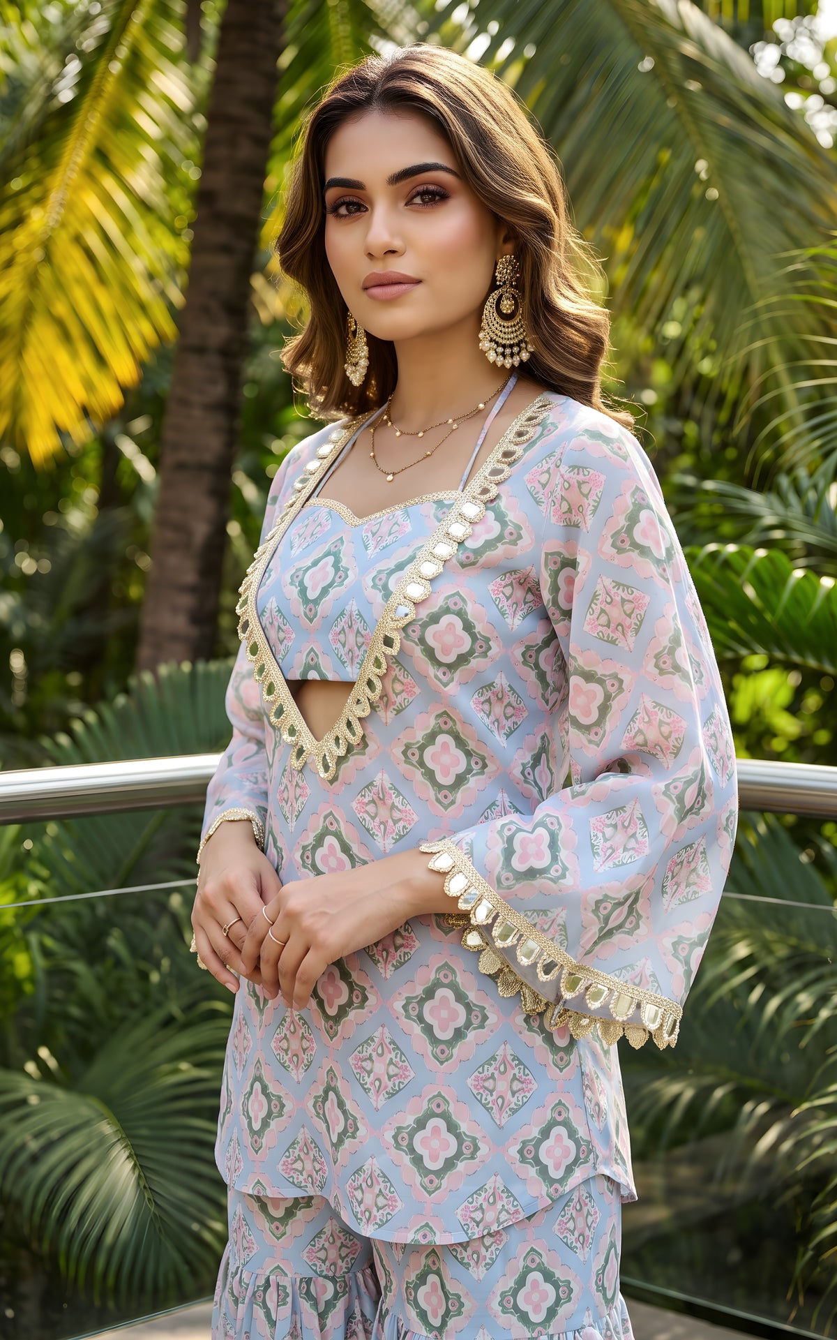 Cerulean Blue Geometric Print Kurta Cop-top and Sharara Set