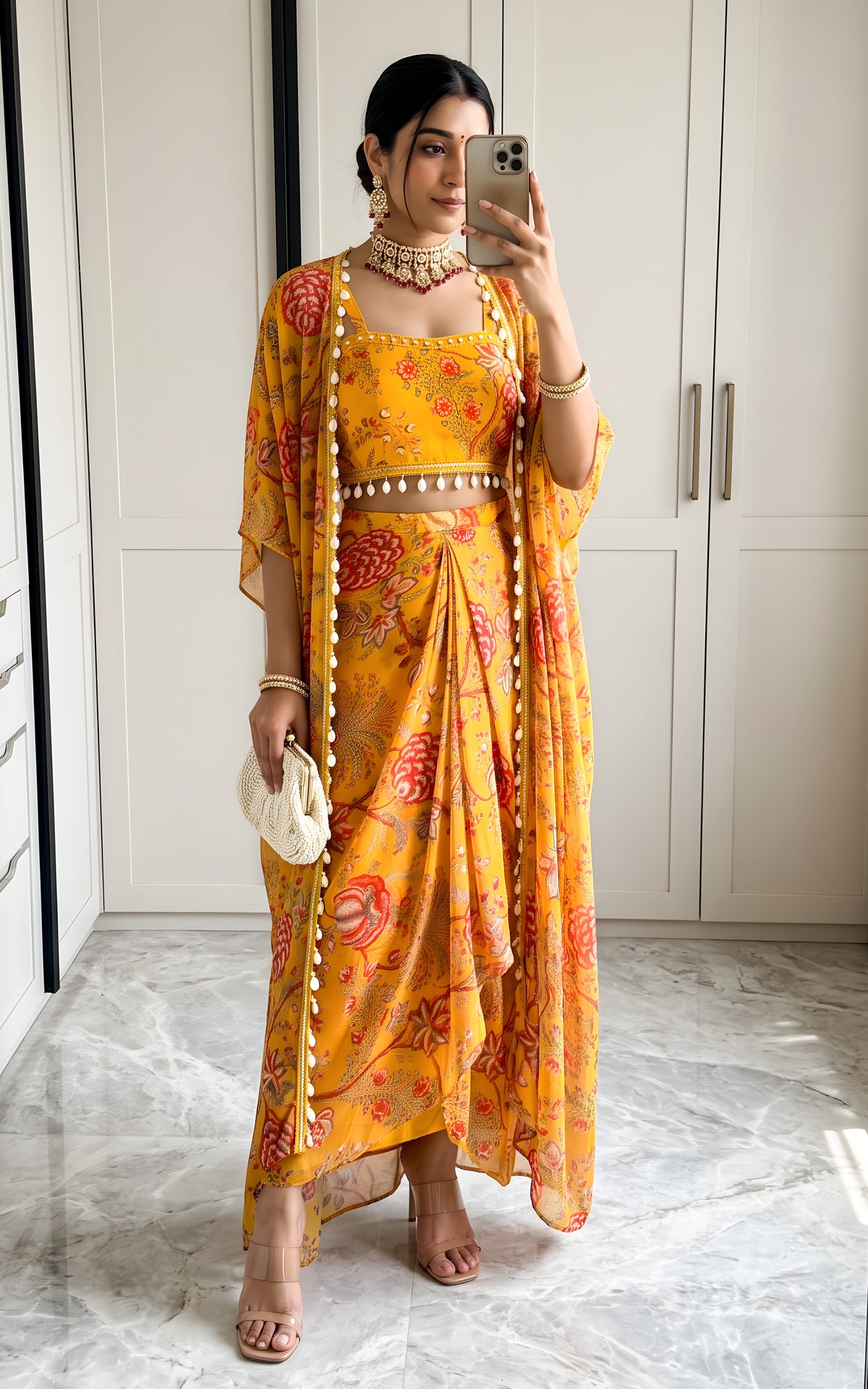 Niharika Mustard Floral Printed Georgette Crop Top & Draped Skirt Co-ord Set