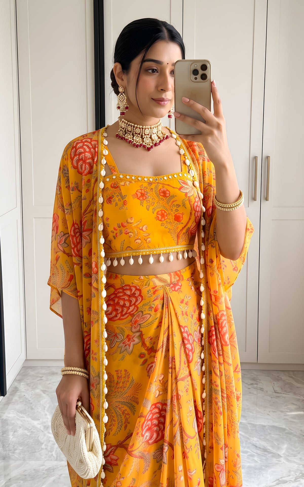 Niharika Mustard Floral Printed Georgette Crop Top & Draped Skirt Co-ord Set