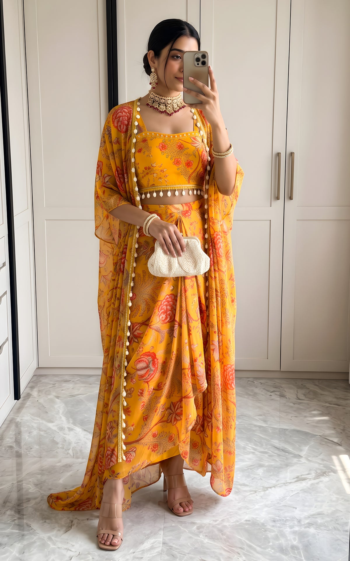Niharika Mustard Floral Printed Georgette Crop Top & Draped Skirt Co-ord Set