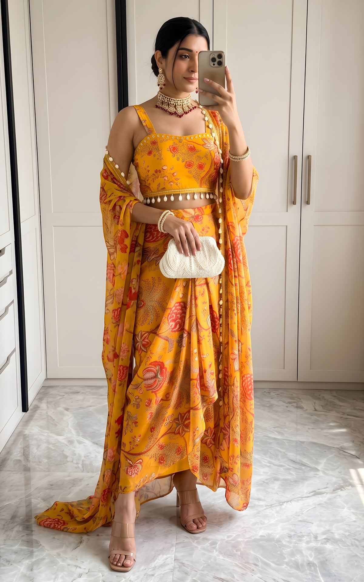 Niharika Mustard Floral Printed Georgette Crop Top & Draped Skirt Co-ord Set