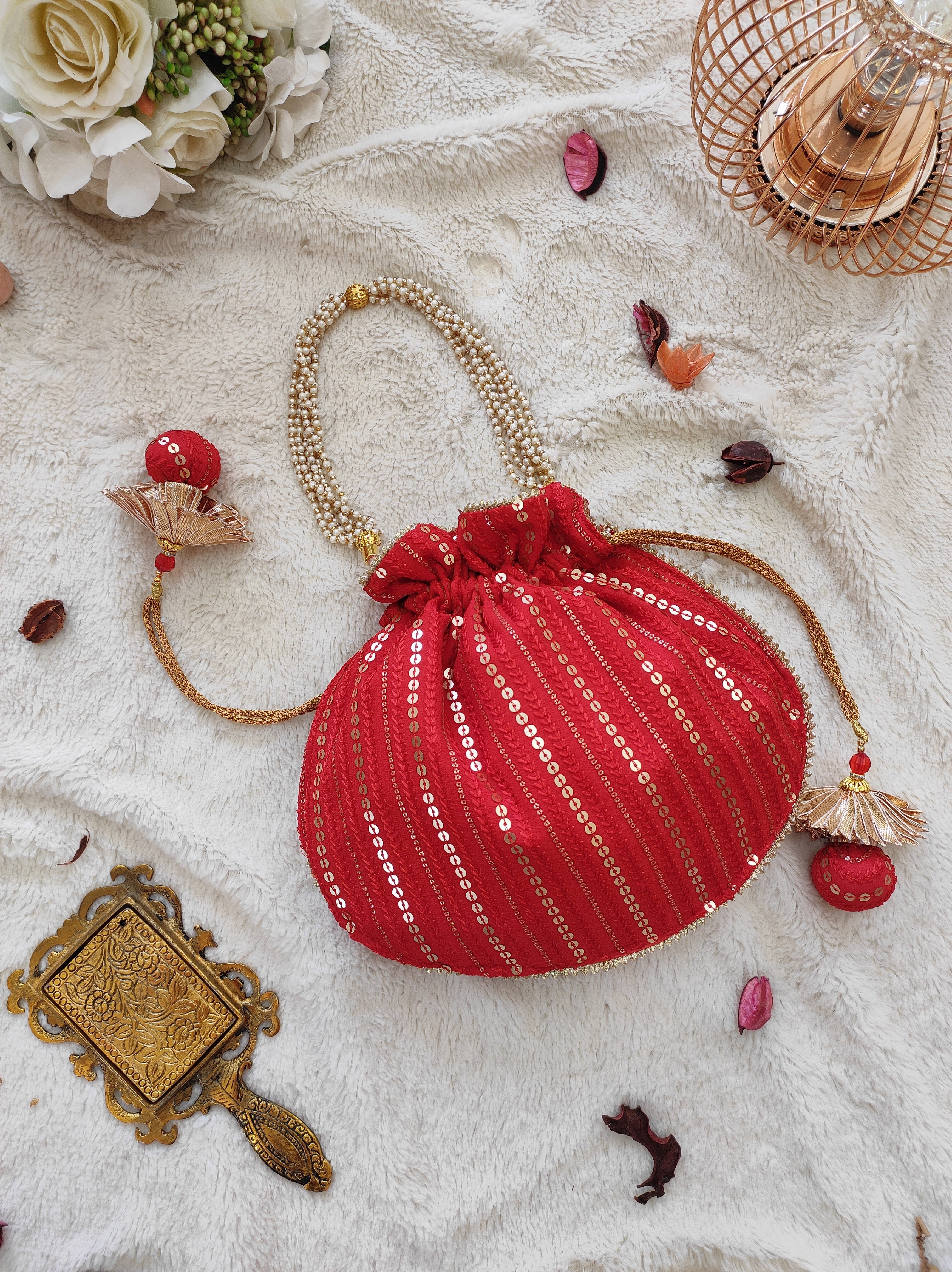 Red Sequin Work Potli Bag
