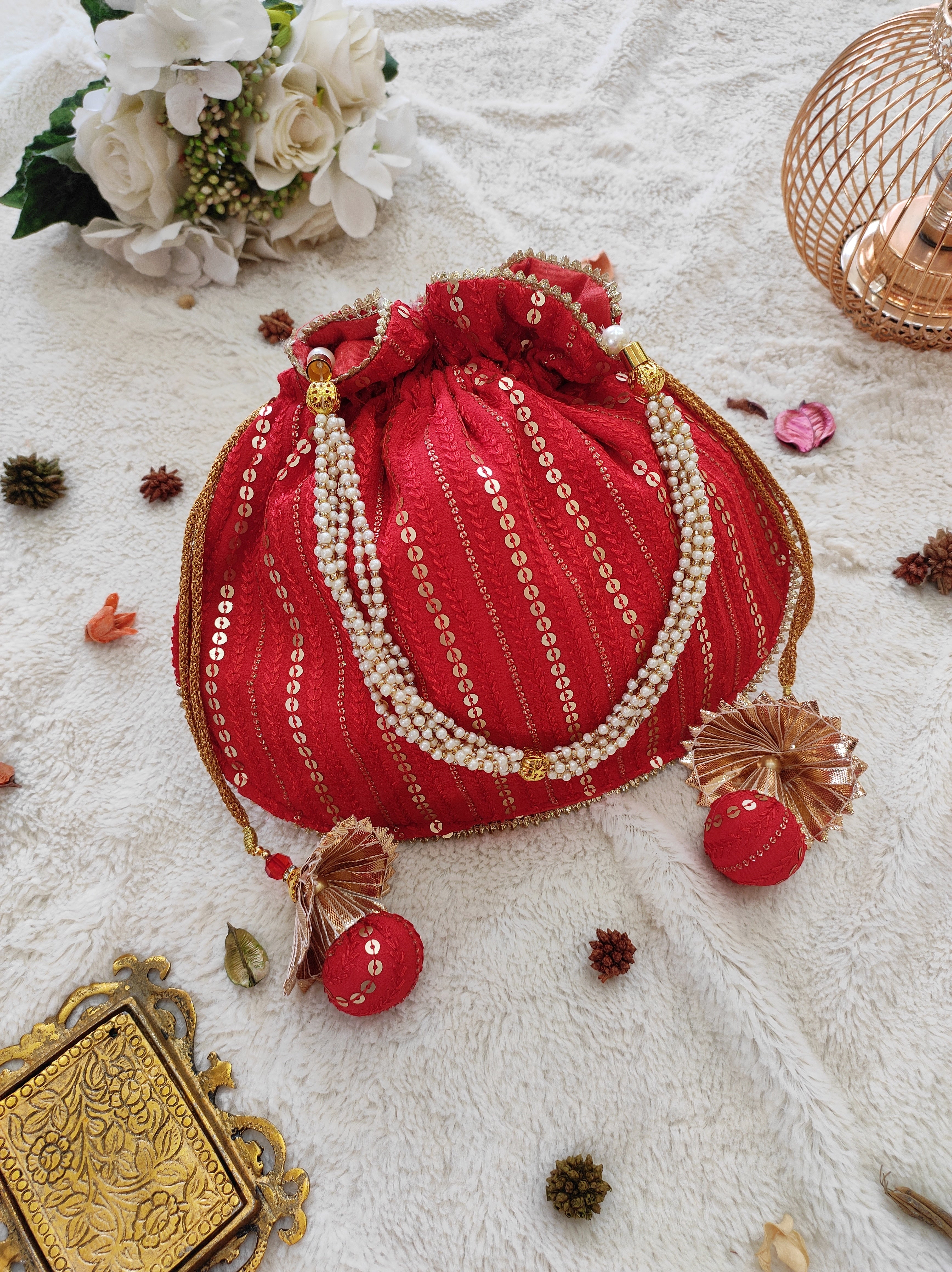 Red Sequin Work Potli Bag