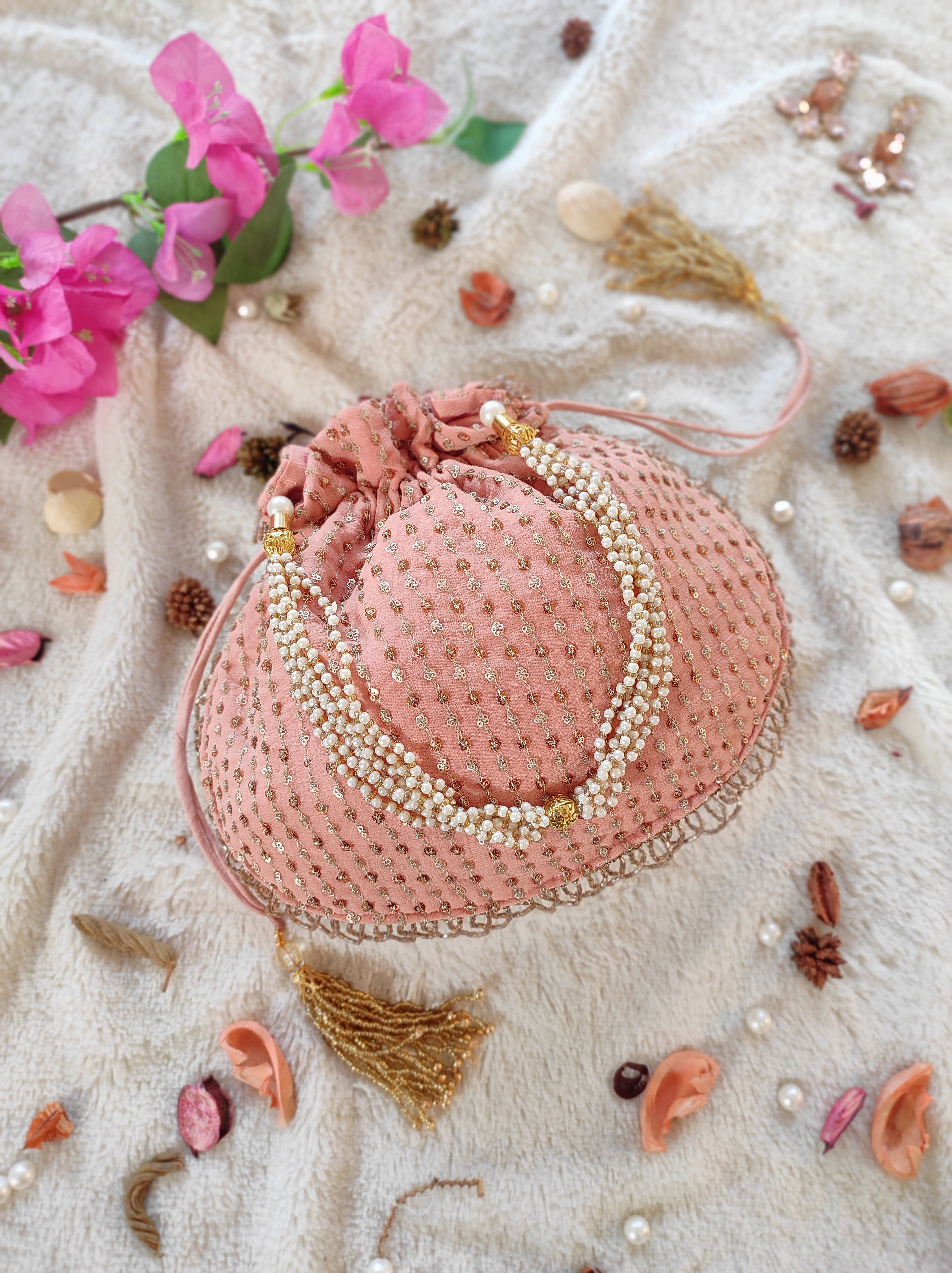 Old Rose Sequin Work Georgette Potli Bag