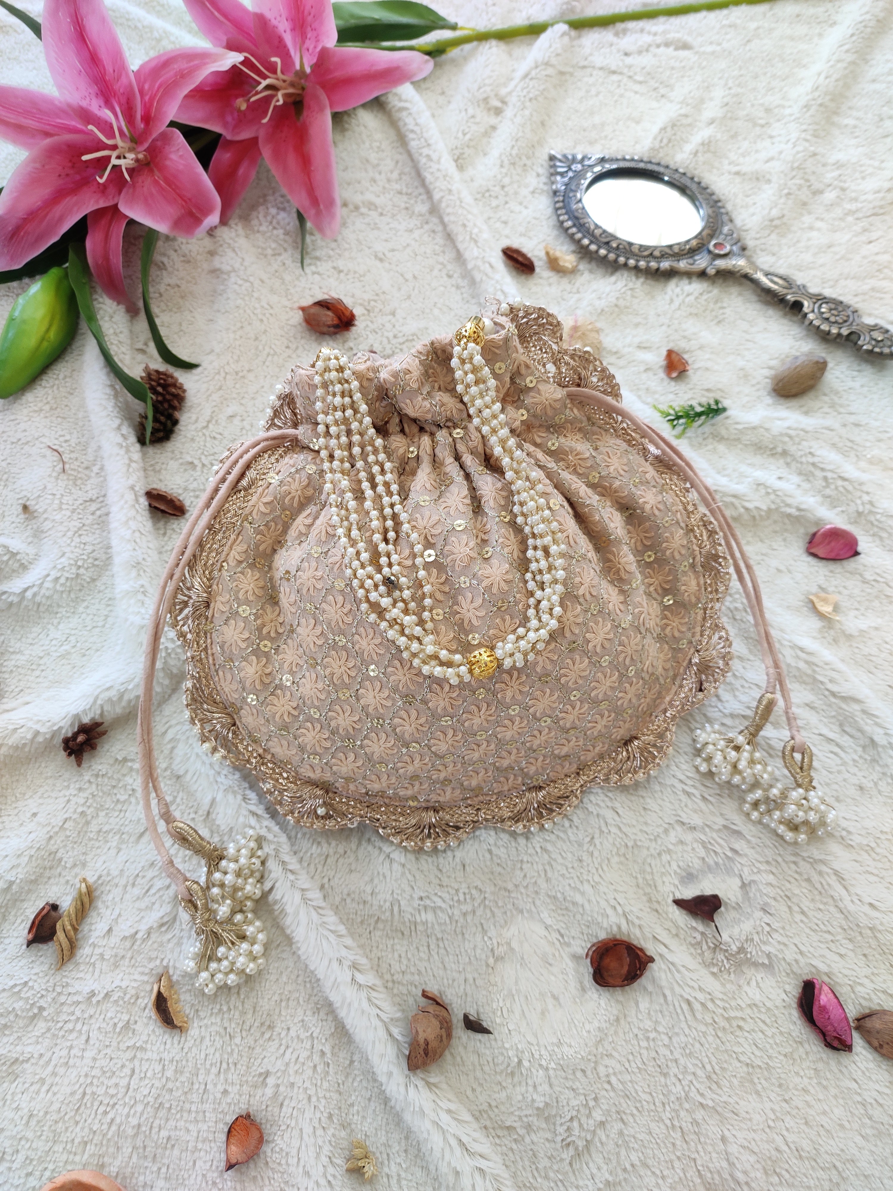 Peach Emroidered Potli Bag