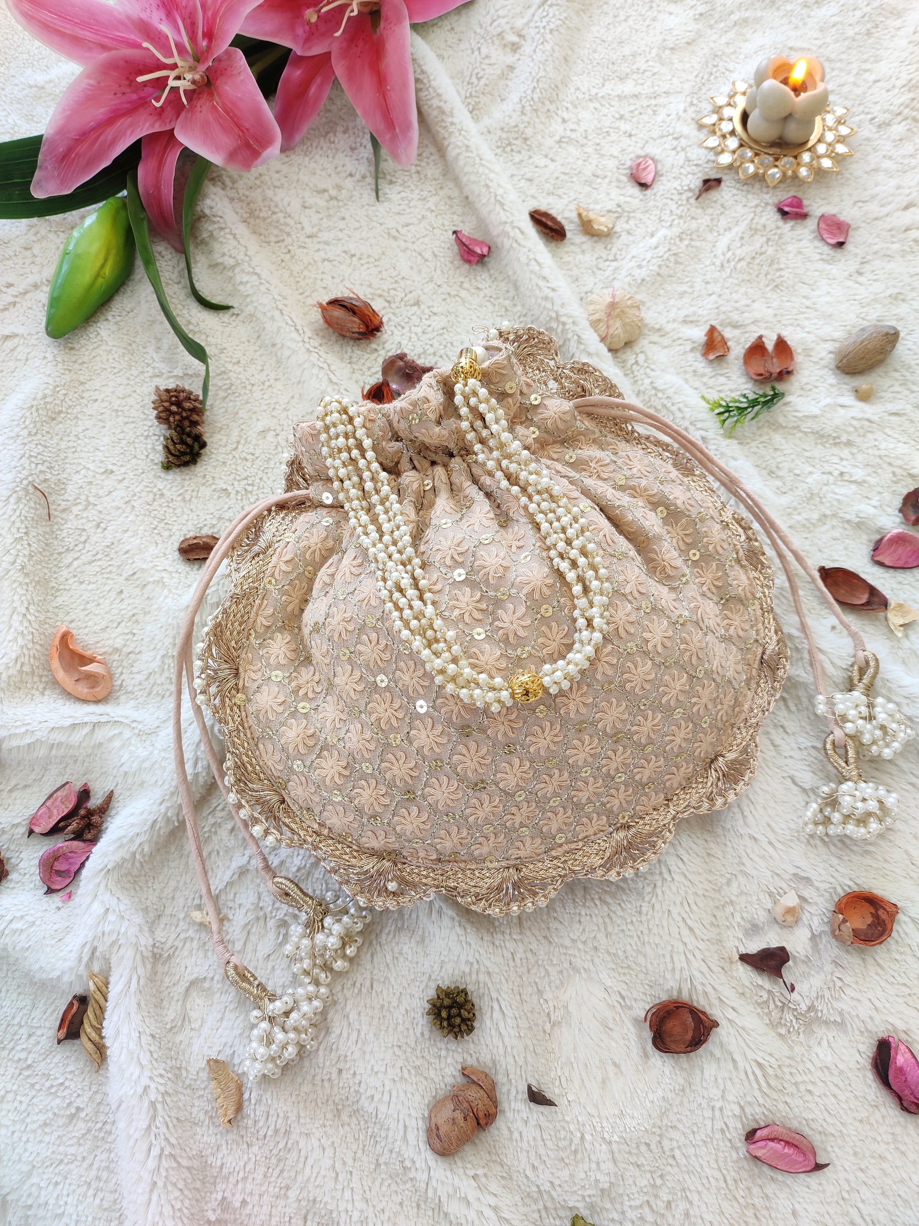 Peach Emroidered Potli Bag