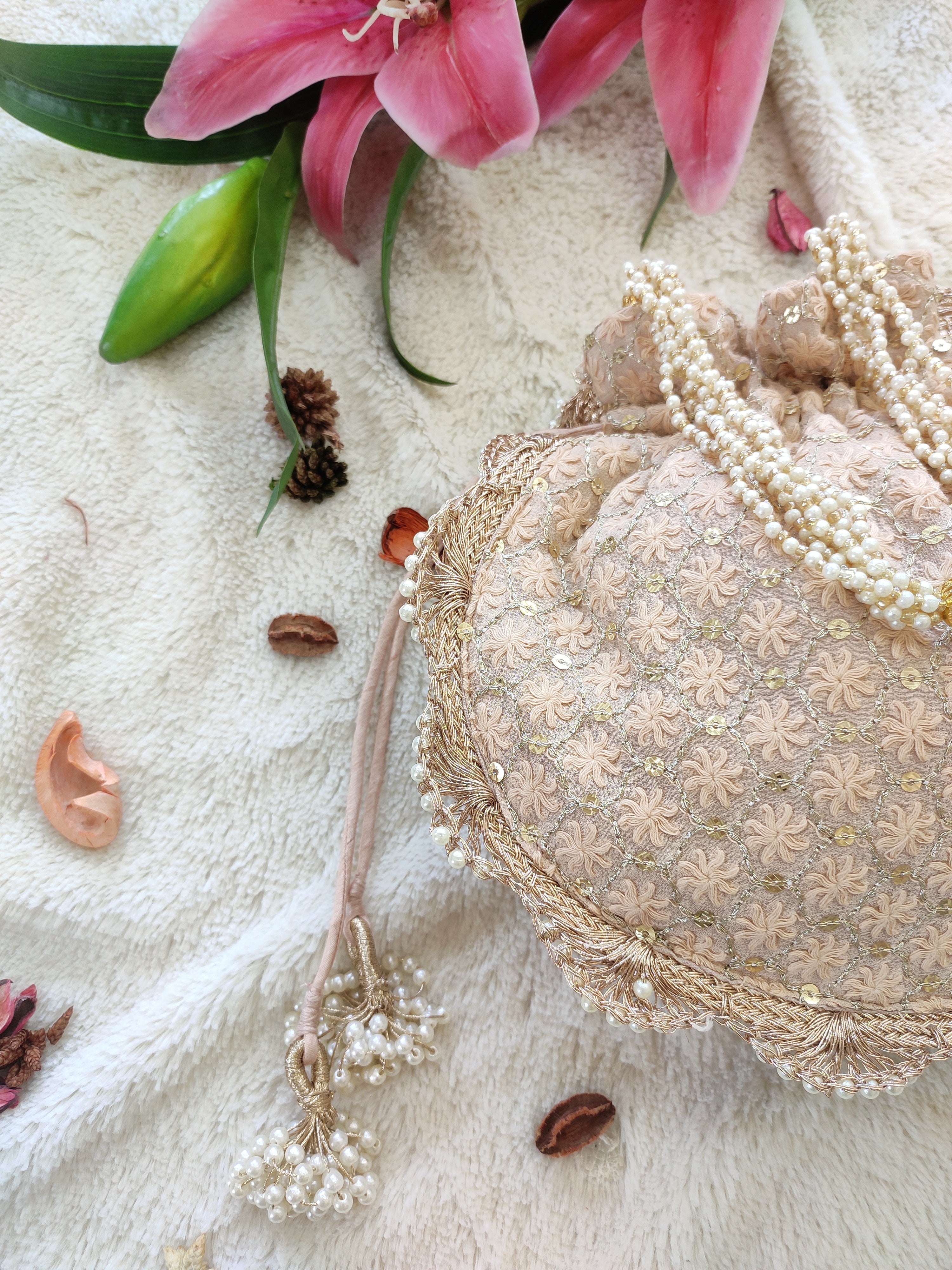 Peach Emroidered Potli Bag