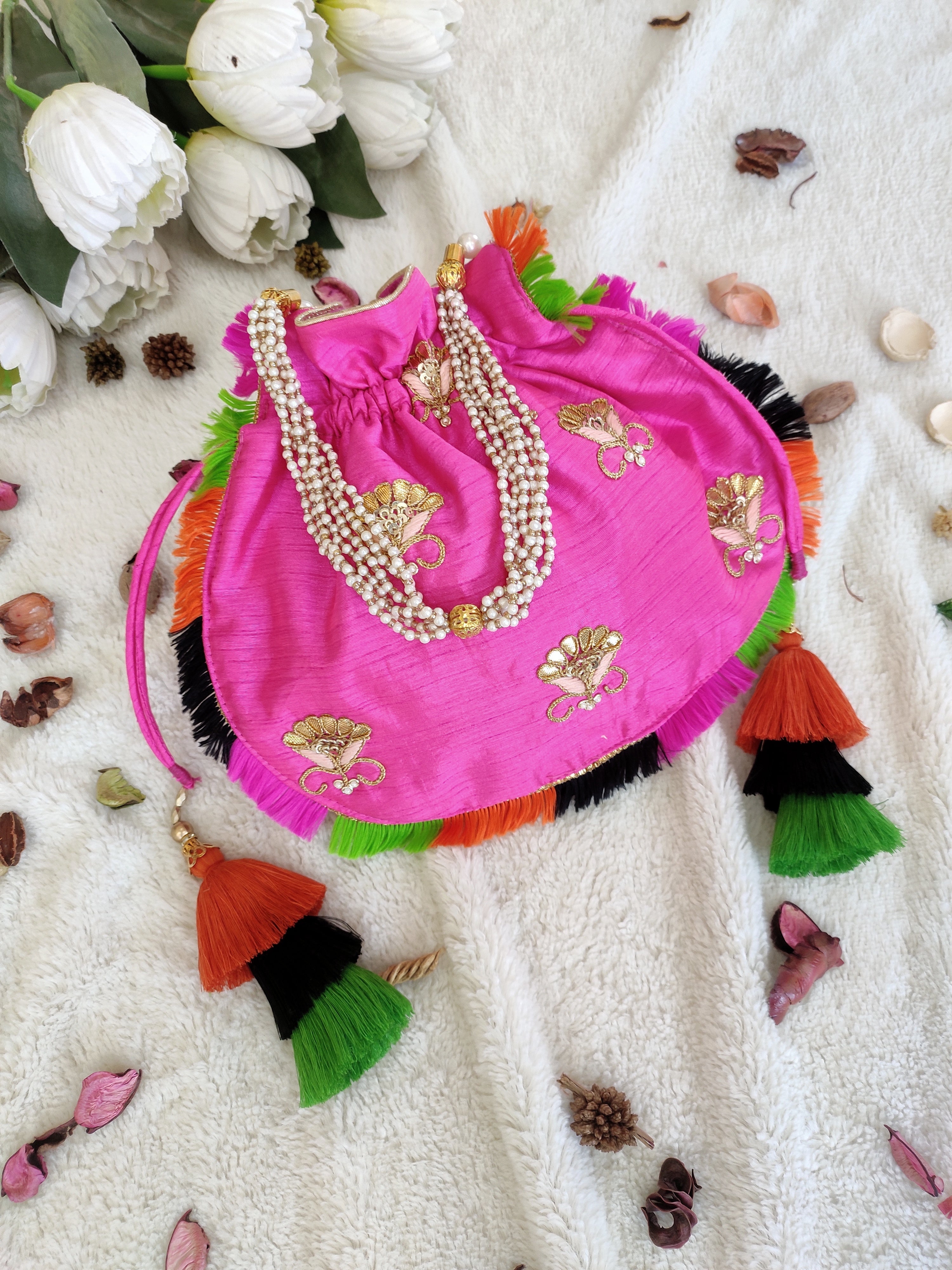 Hot Pink Gota Patti Potli Bag