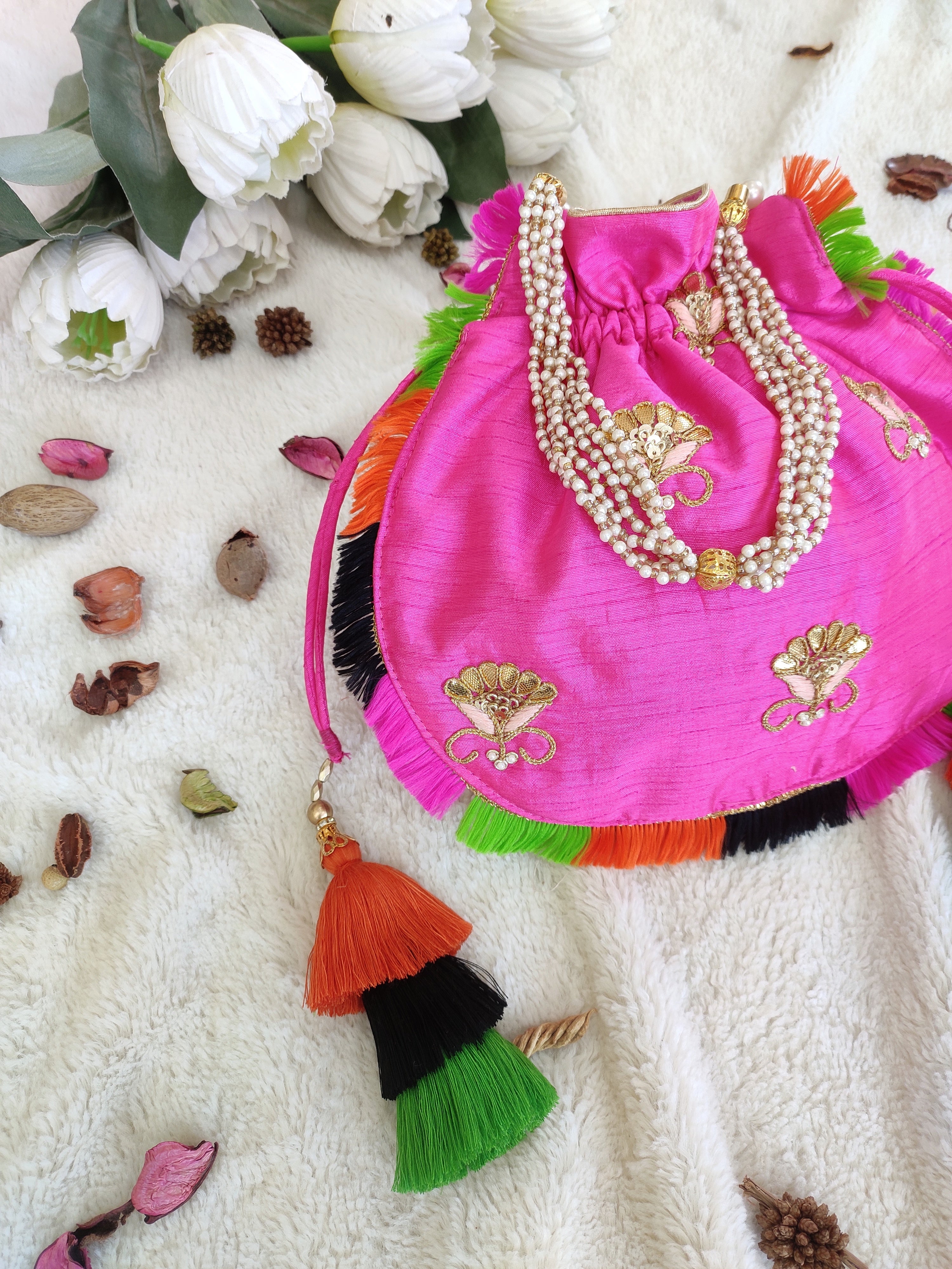 Hot Pink Gota Patti Potli Bag