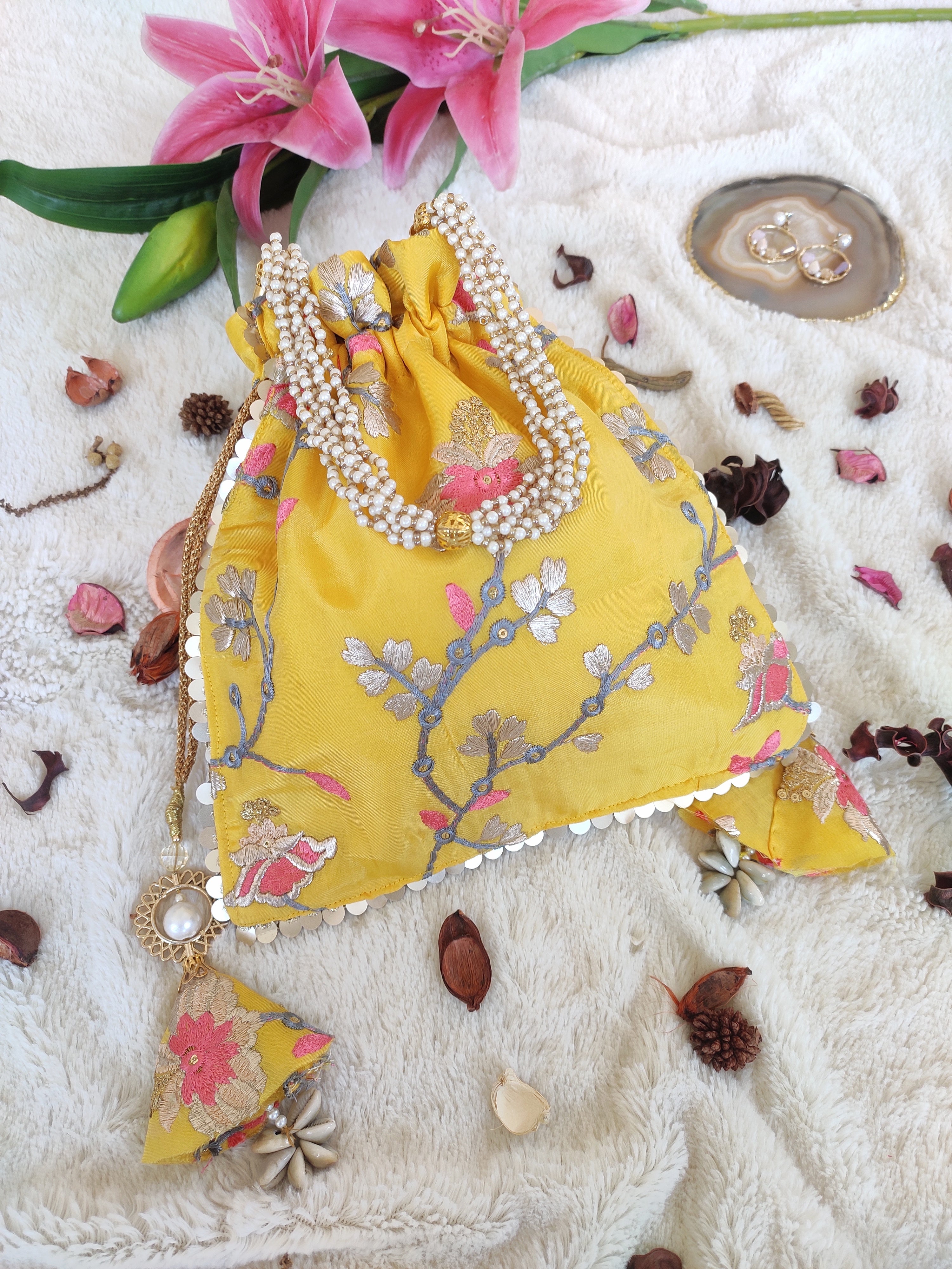 Yellow Embroidered Potli Bag
