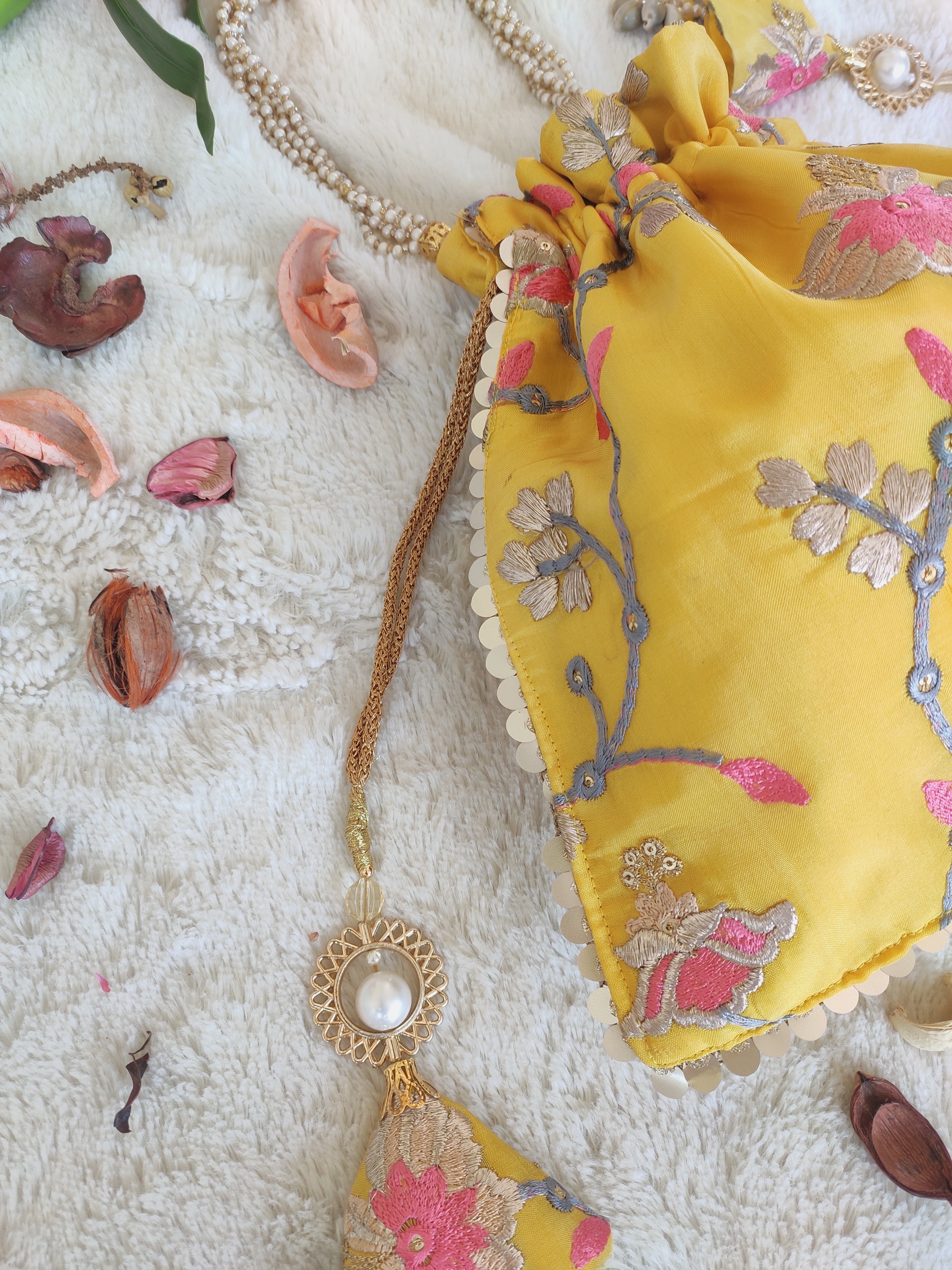 Yellow Embroidered Potli Bag