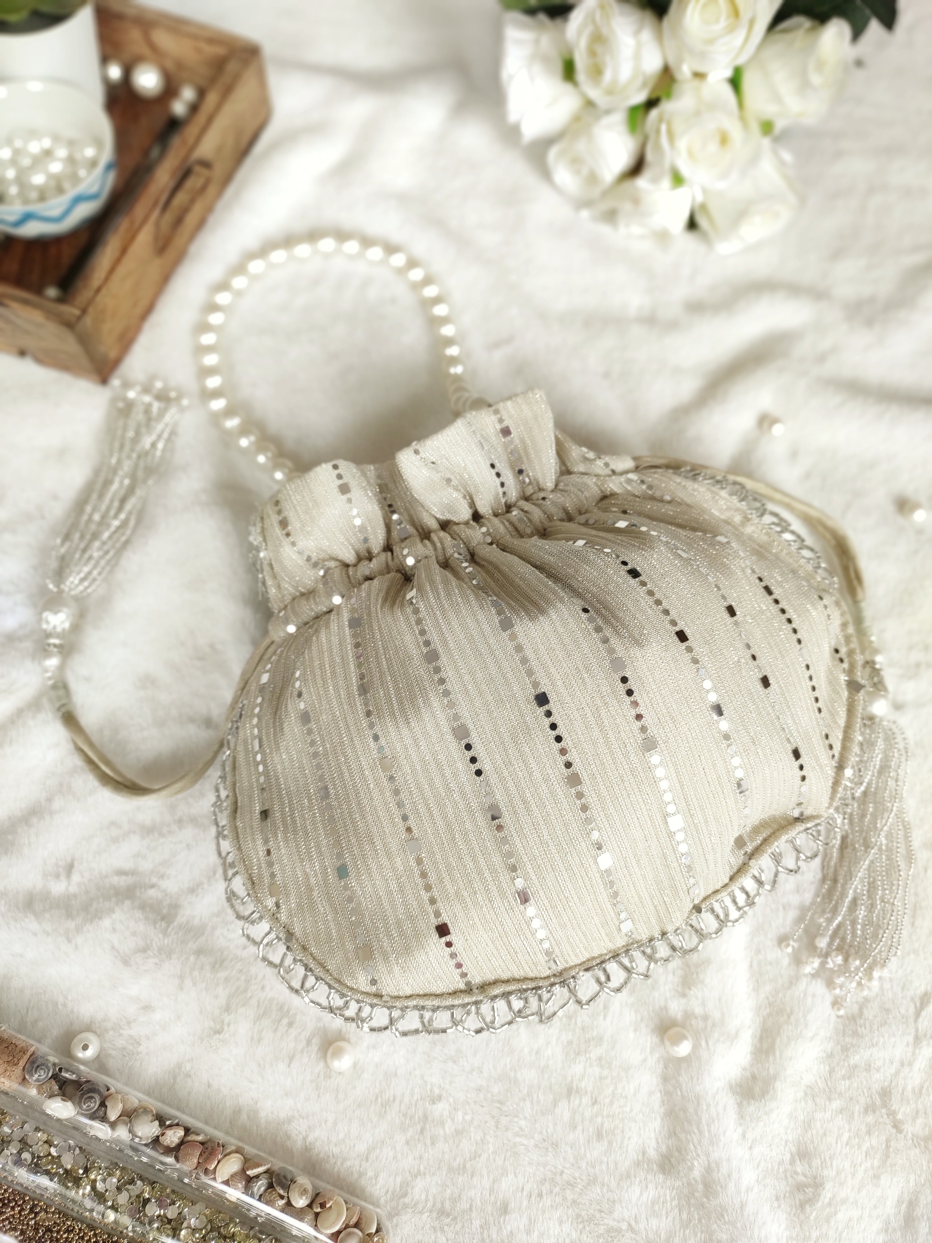 Off White Shimmer Potli Bag