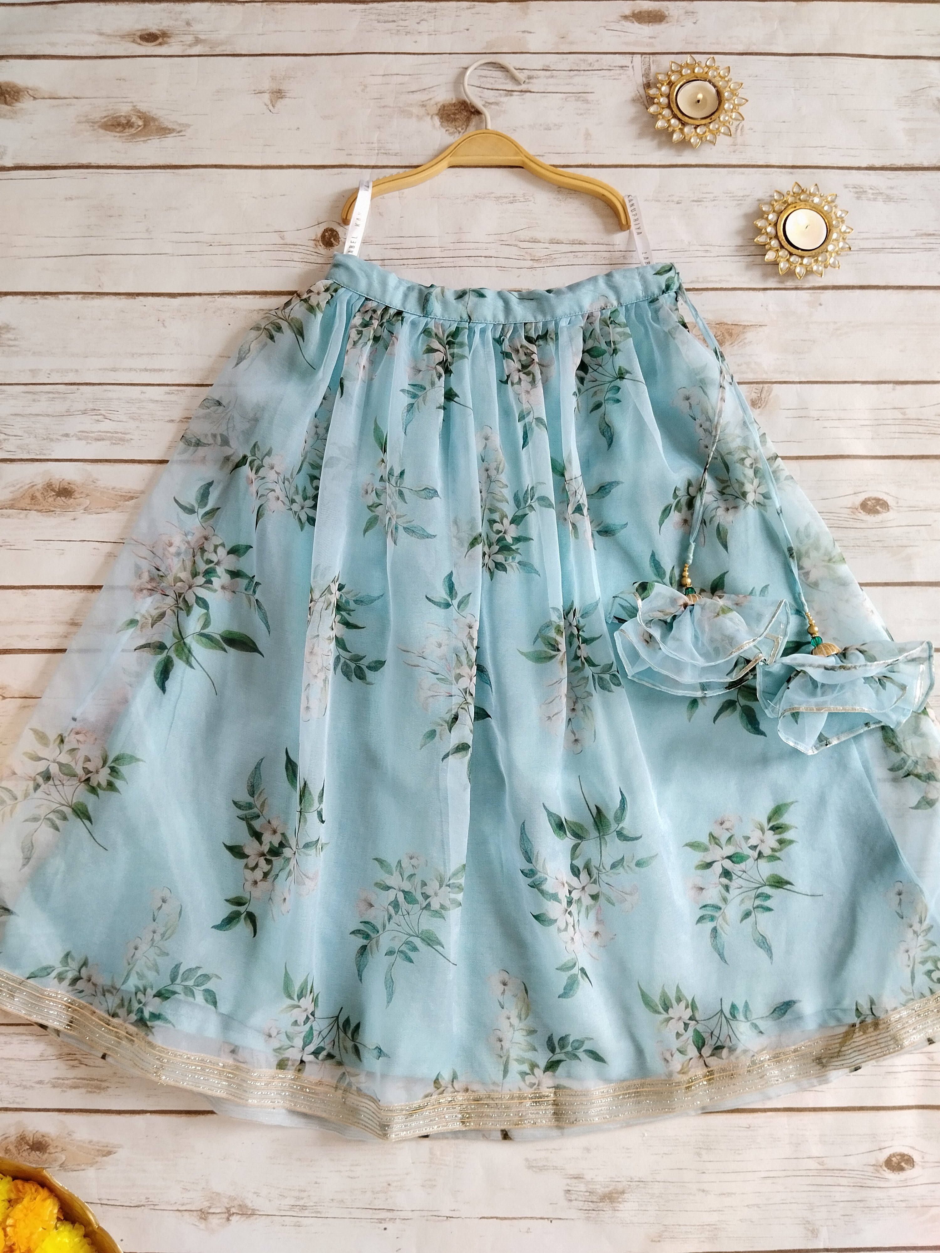 Powder Blue Mirrorwork Organza Kids Lehenga