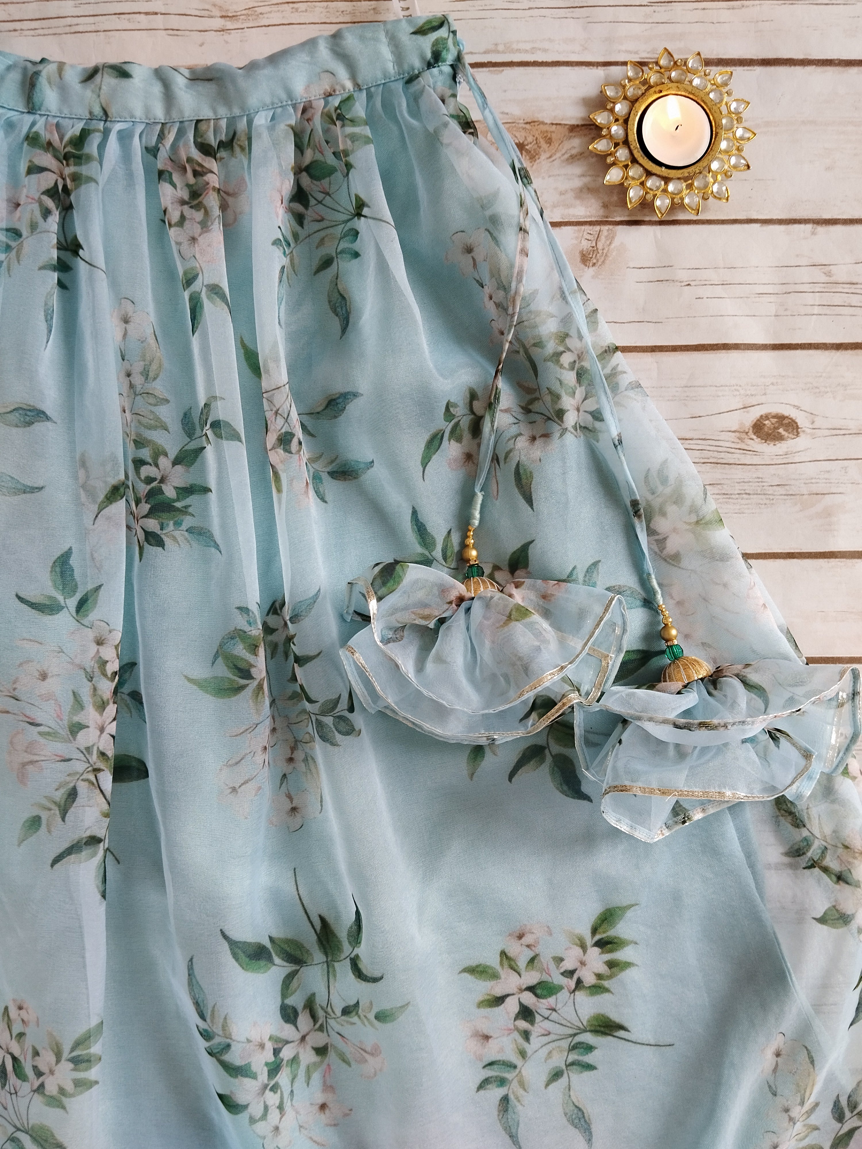 Powder Blue Mirrorwork Organza Kids Lehenga