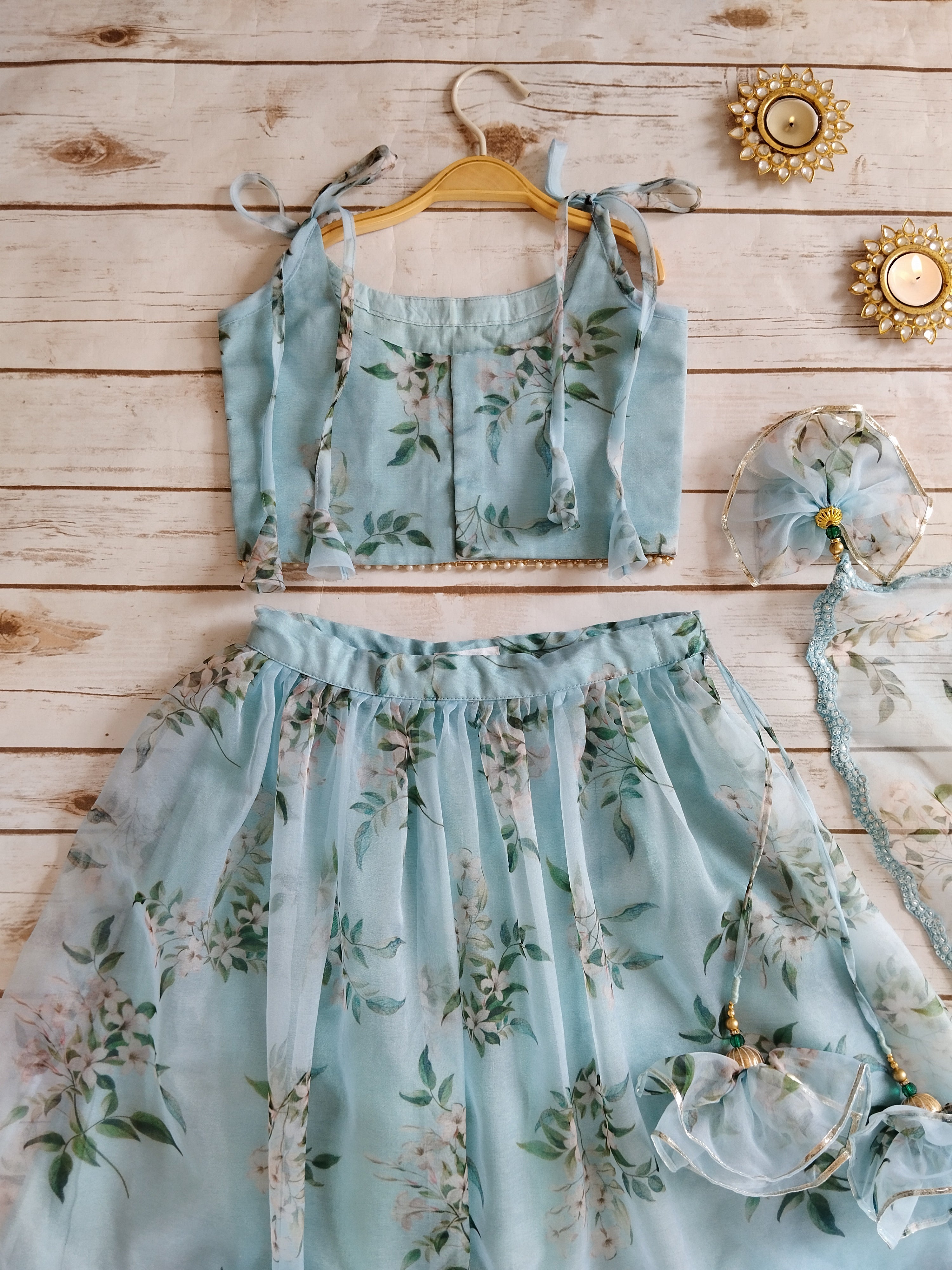 Powder Blue Mirrorwork Organza Kids Lehenga