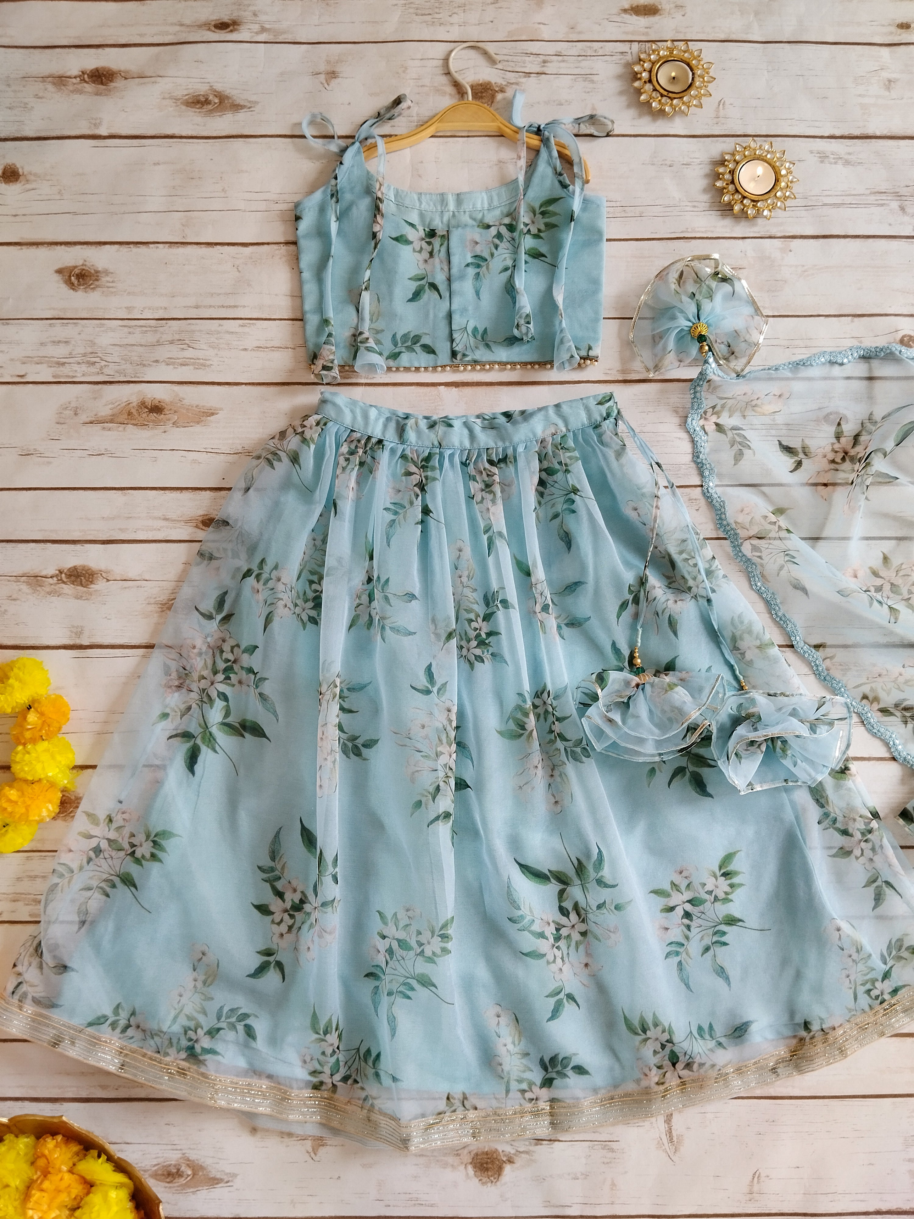 Powder Blue Mirrorwork Organza Kids Lehenga